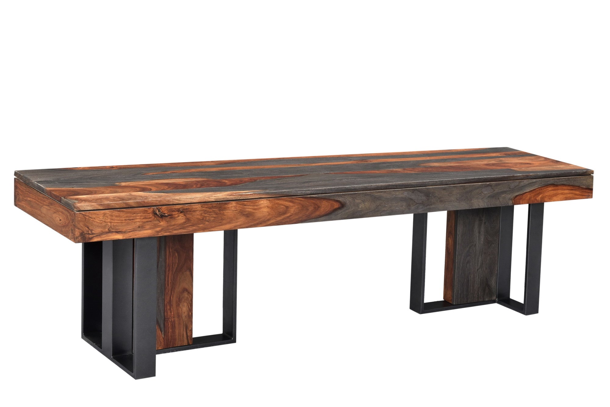 Geometric Brown Sheesham Wood Home Bench with T- Shaped Black Iron Legs and Natural Wood Grains