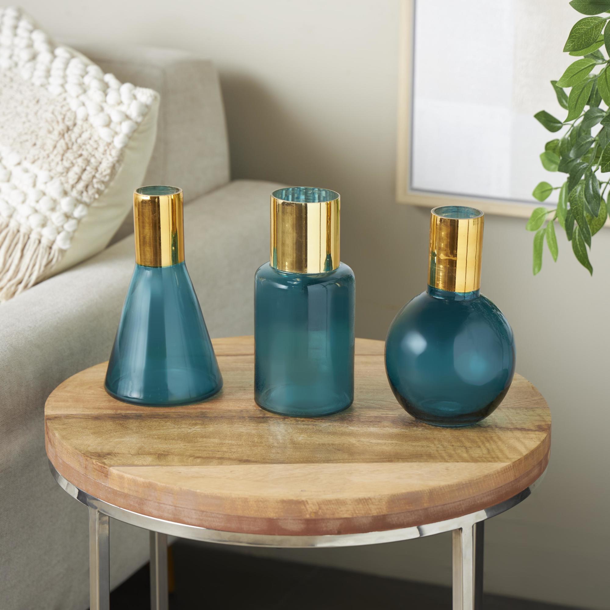 Set of 3 Geometric Glass Tinted Decorative Vase with Gold Rim and Varying Shapes