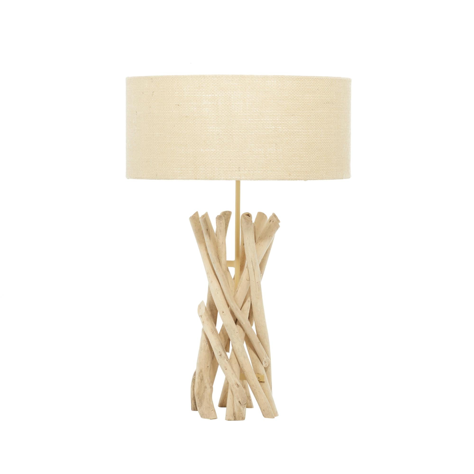 Light Brown Driftwood Handmade Room Table Lamp with Cream Linen Shade