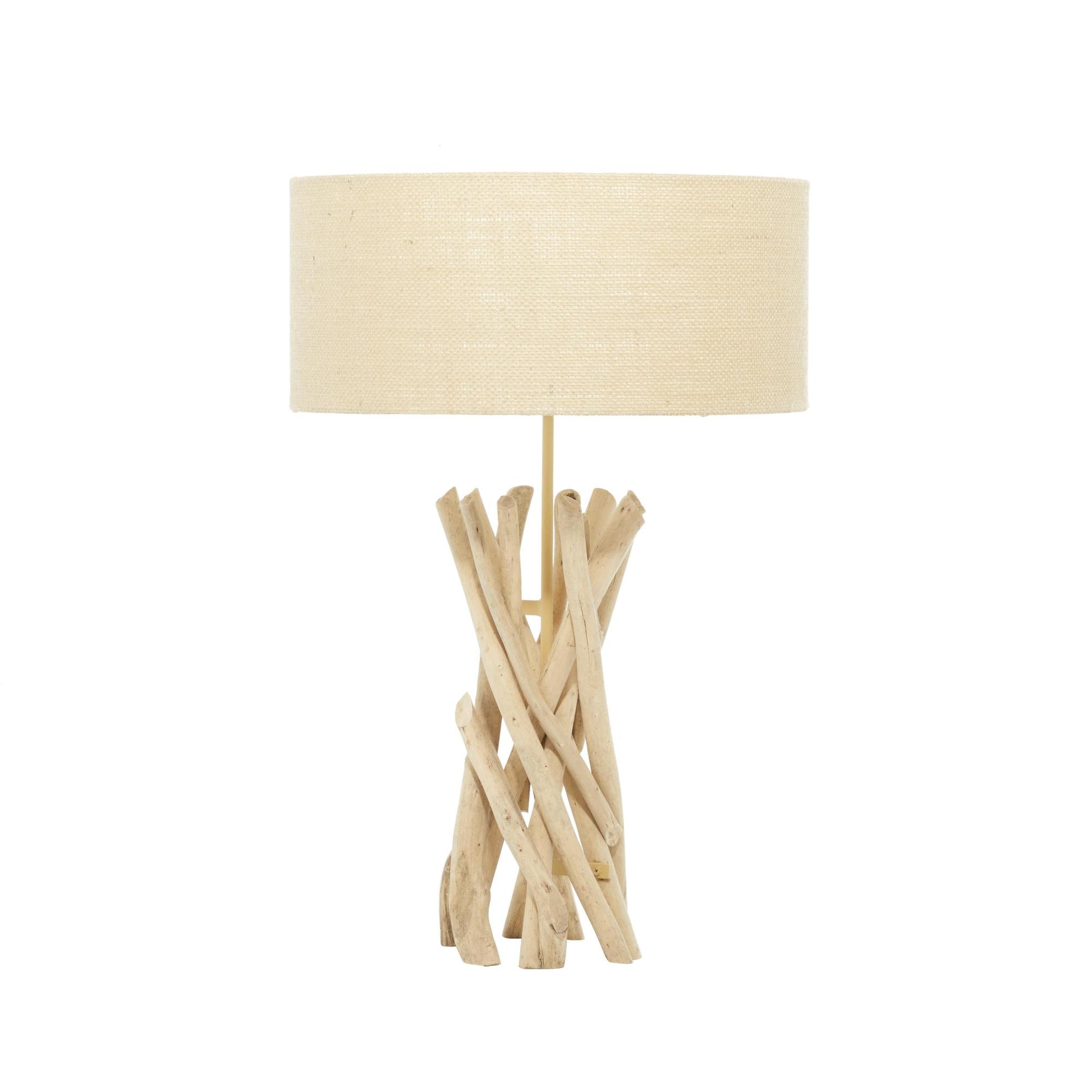 Light Brown Driftwood Handmade Room Table Lamp with Cream Linen Shade