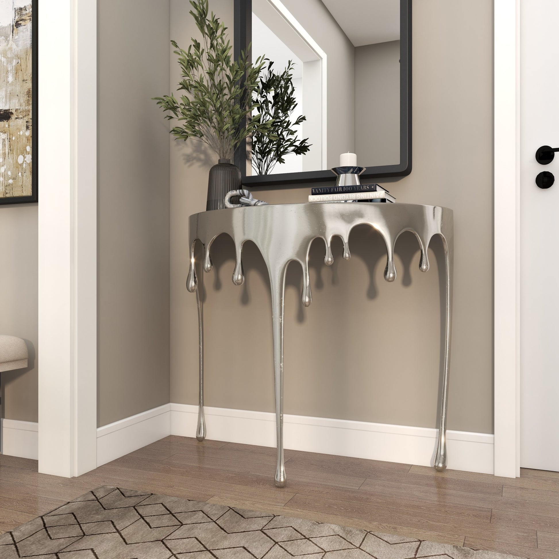 Abstract Aluminum Metal Crescent Drip Living Room Console Table with Melting Design Legs and Glass Top