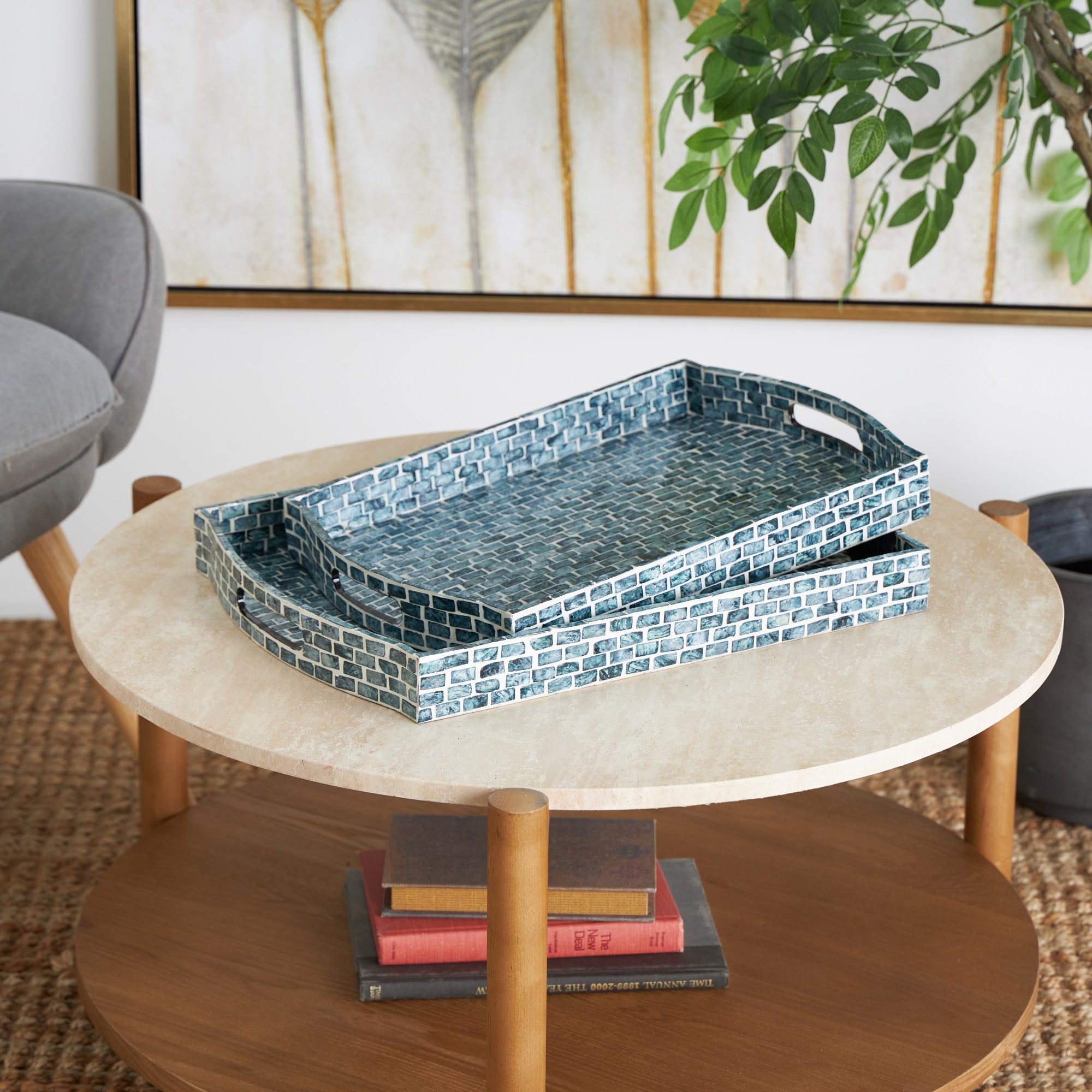 Set of 2 Blue Wood Living Room Decor Tray with Slot Handles