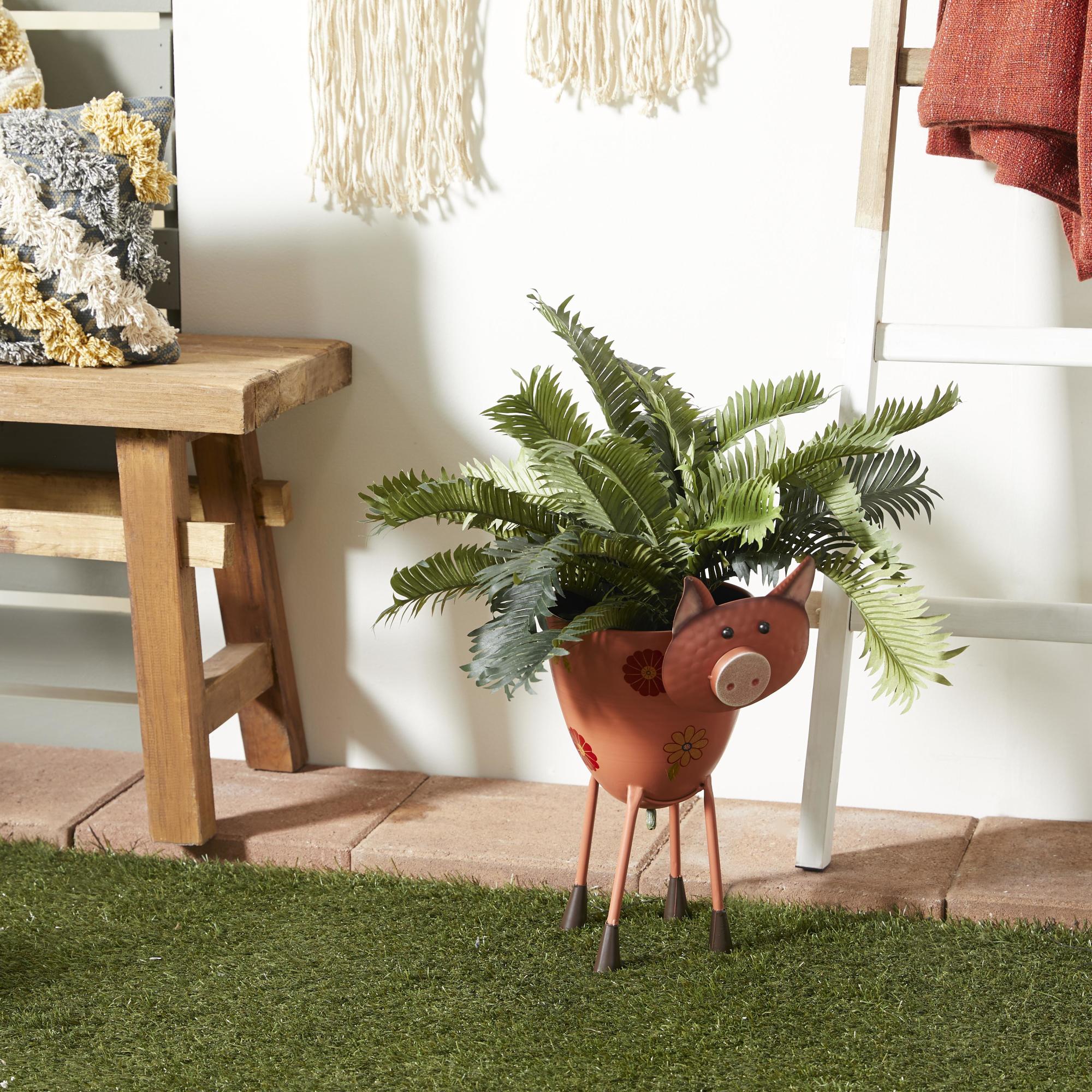 Pig Pink Metal Indoor Outdoor Planter with Floral Accents