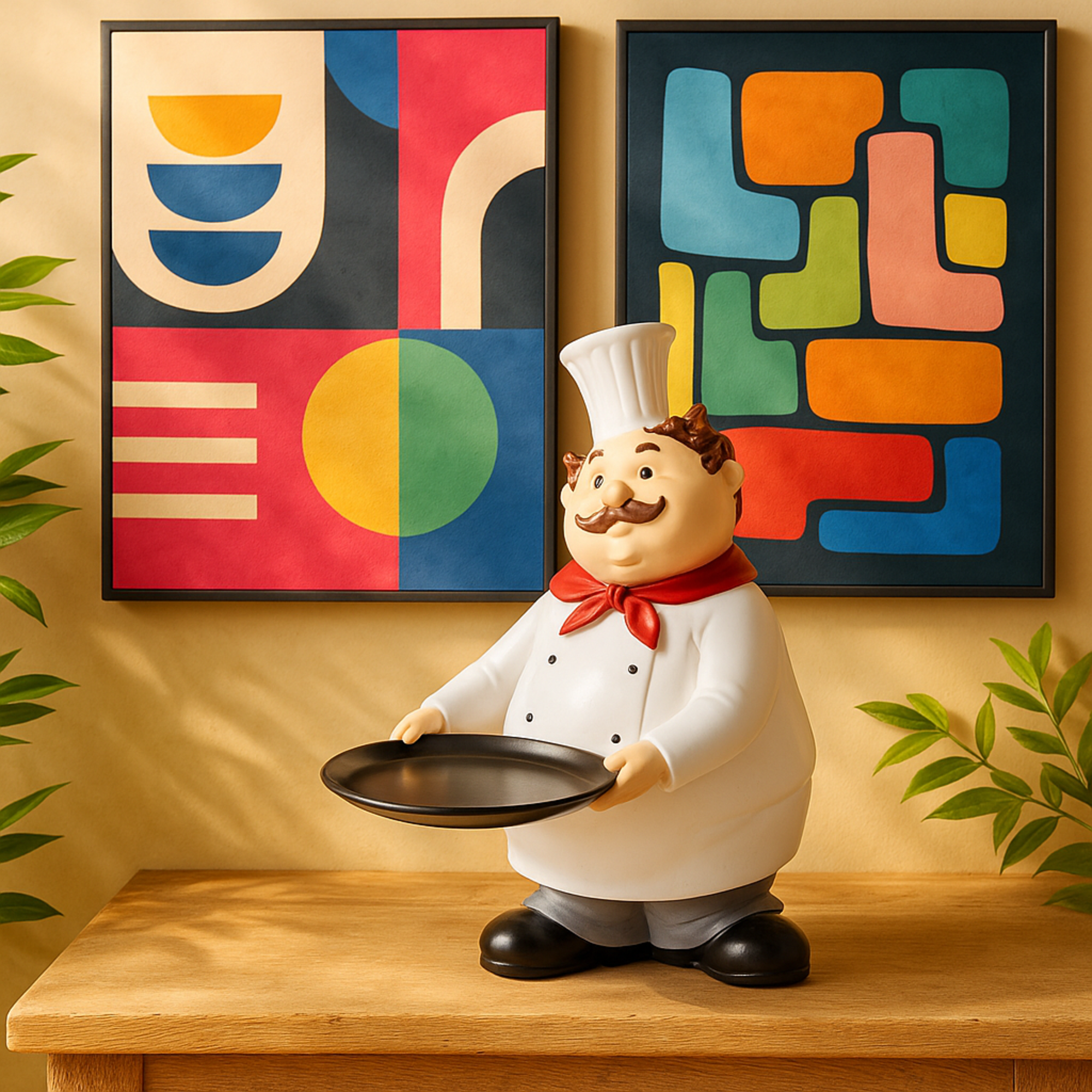 Chef White Polystone Kitchen Decorative Figurine Decorative Sculpture with Black Tray