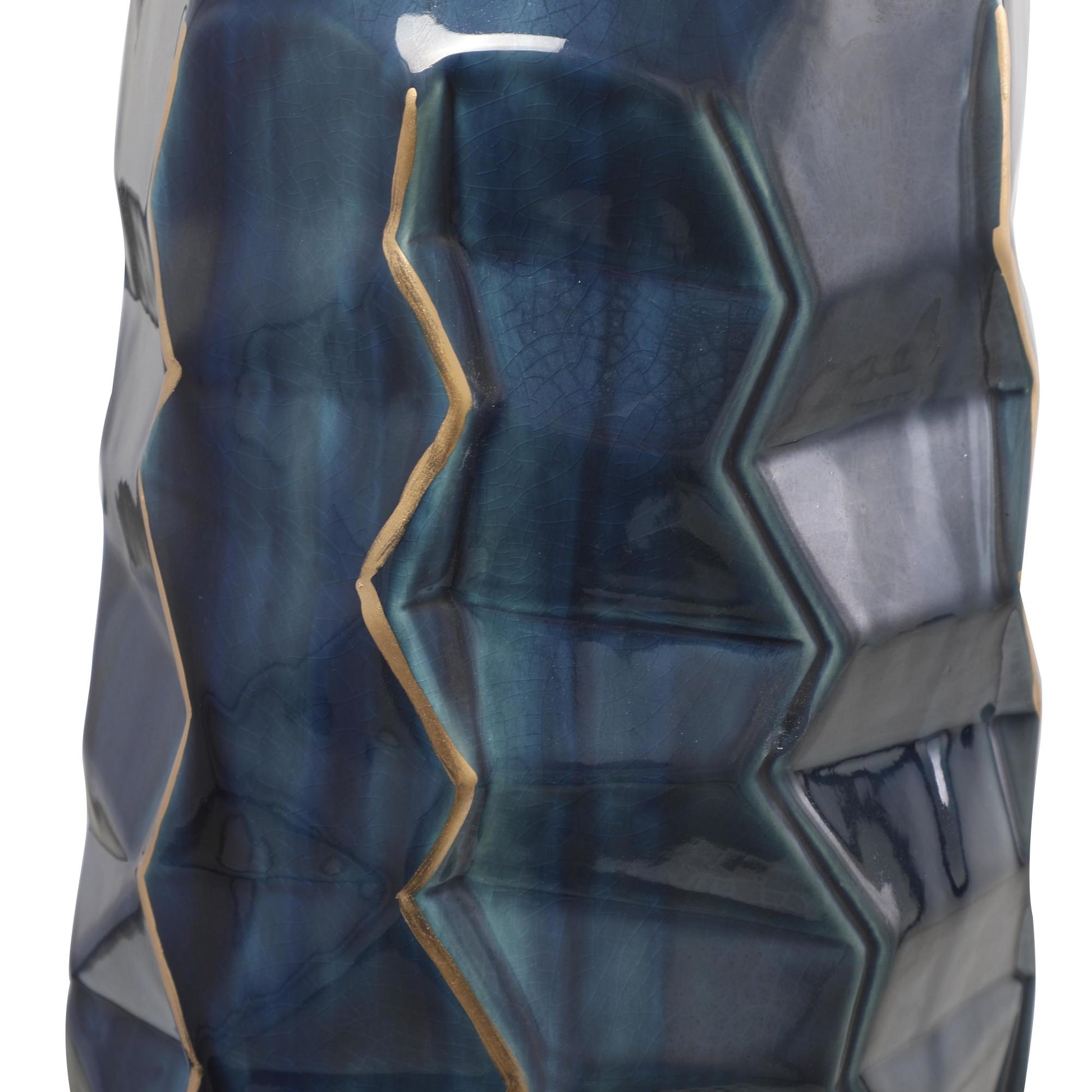 Teal Ceramic Geometric Floor Decorative Vase with Gold Accents
