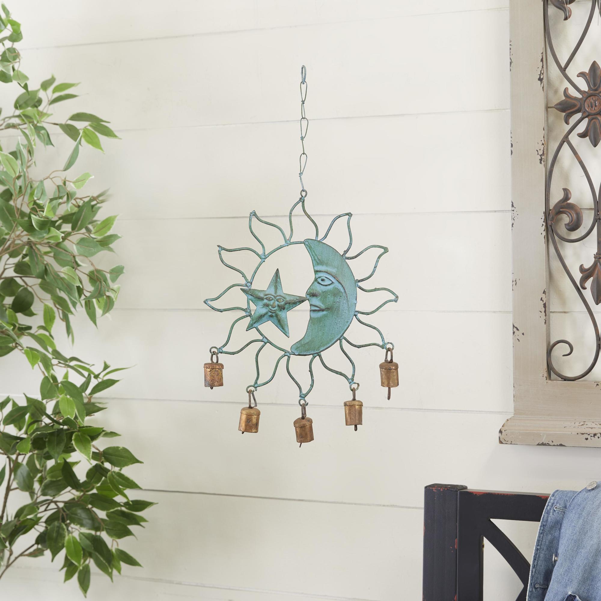 Sun and Moon Teal Metal Indoor Outdoor Windchime with Bells
