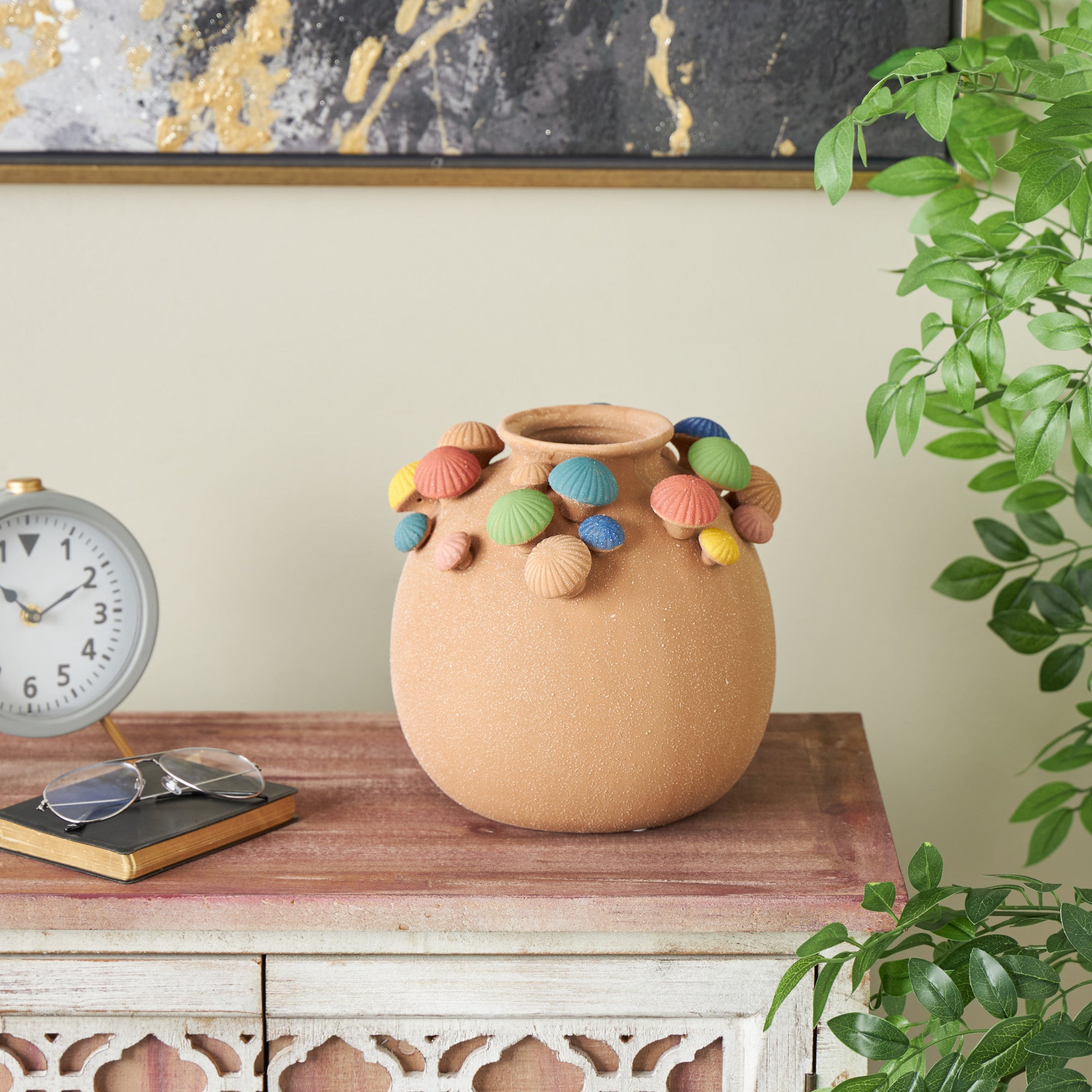 Mushroom Brown Ceramic Round Wide Decorative Vase with Multicolor Accents and White Speckles