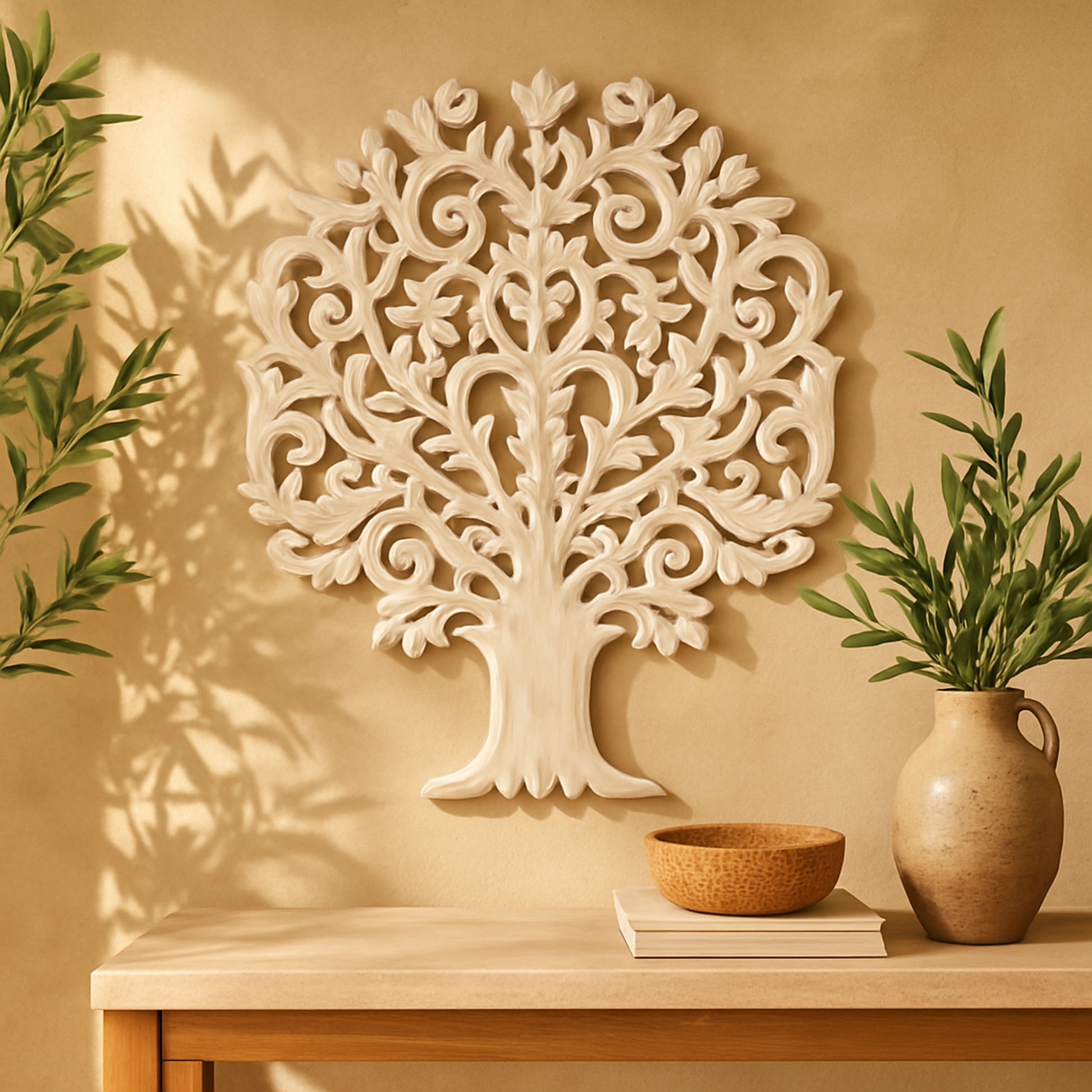 Tree Gold Wooden Handmade Carved Home Wall Decor with Scroll Details