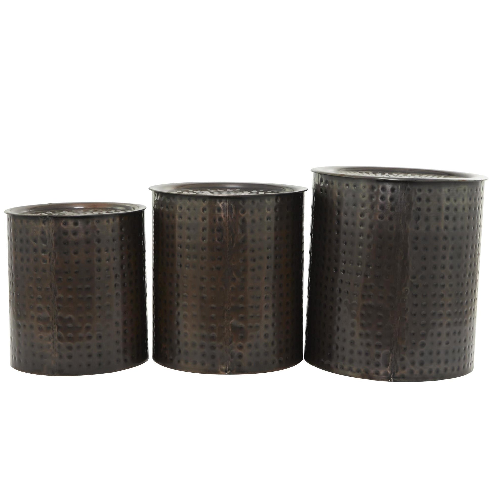 Set of 3 Drum Bronze Metal Handmade Side End Accent Table with Hammered Design