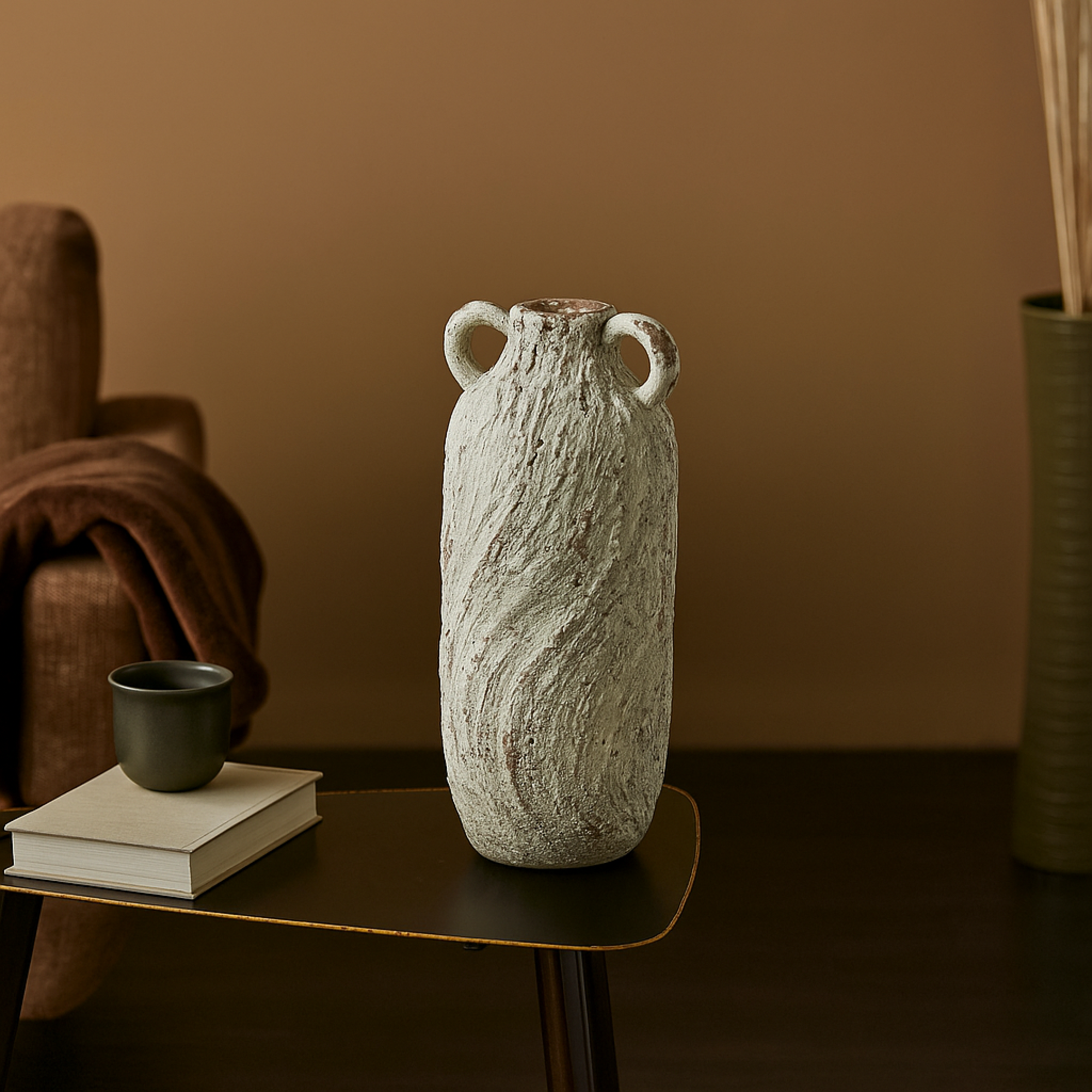 Cream Magnesium Oxide Antique Textured Amphora Decorative Vase with 2 Small Handles