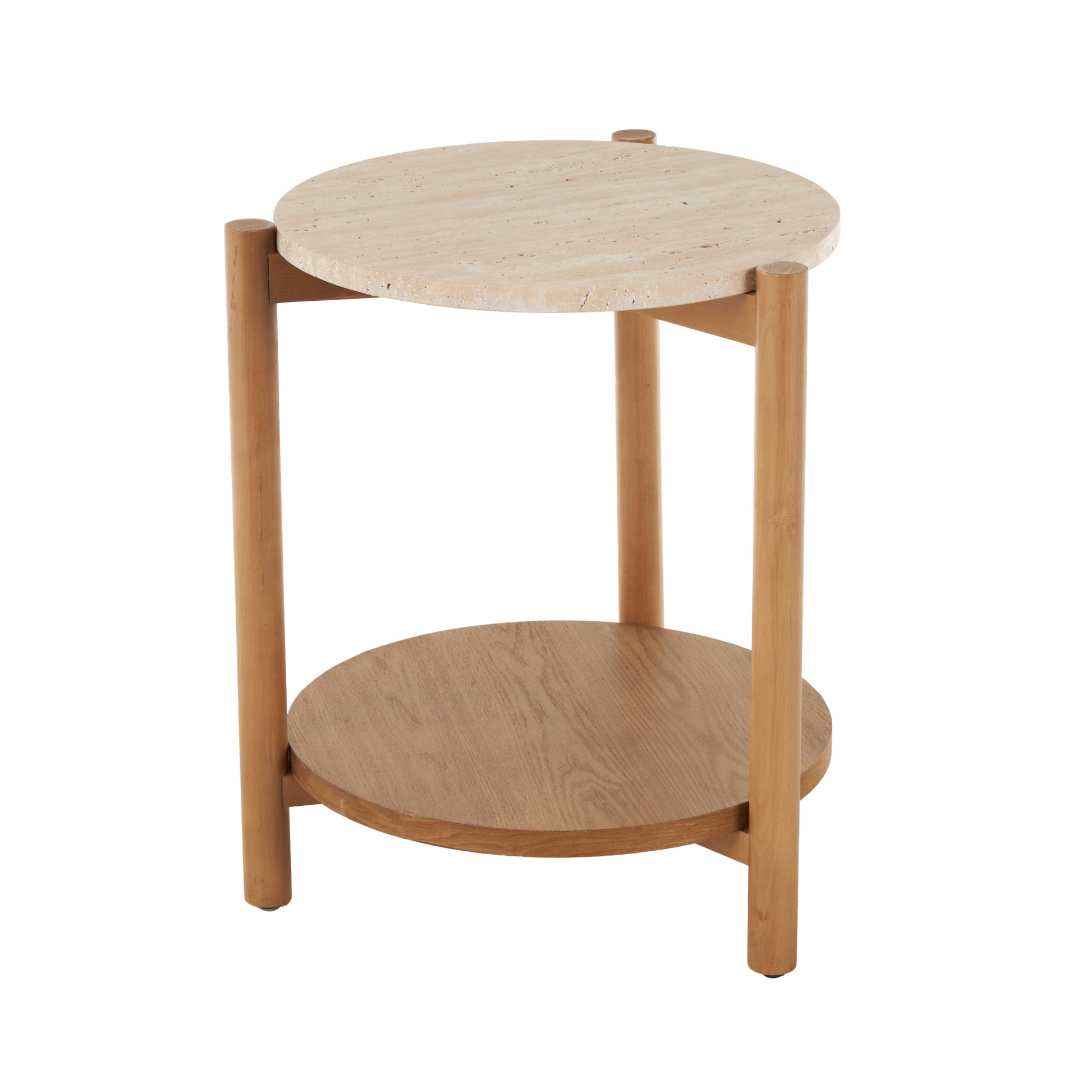 Brown Wood Handmade Round Side End Accent Table with Beige Round Marble Top