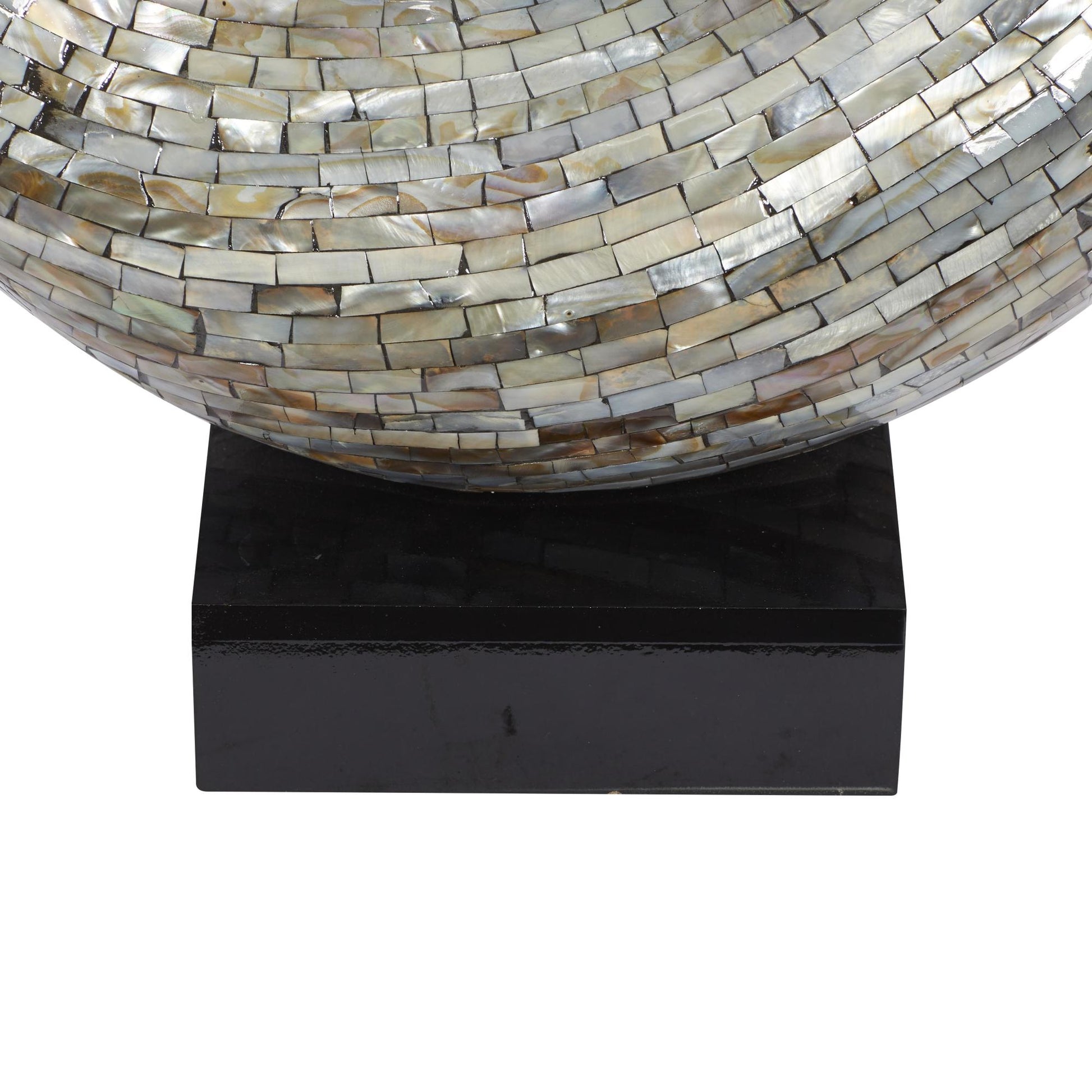 Abstract Gray Mother of Pearl Shell Swirl Decorative Sculpture with Black Base