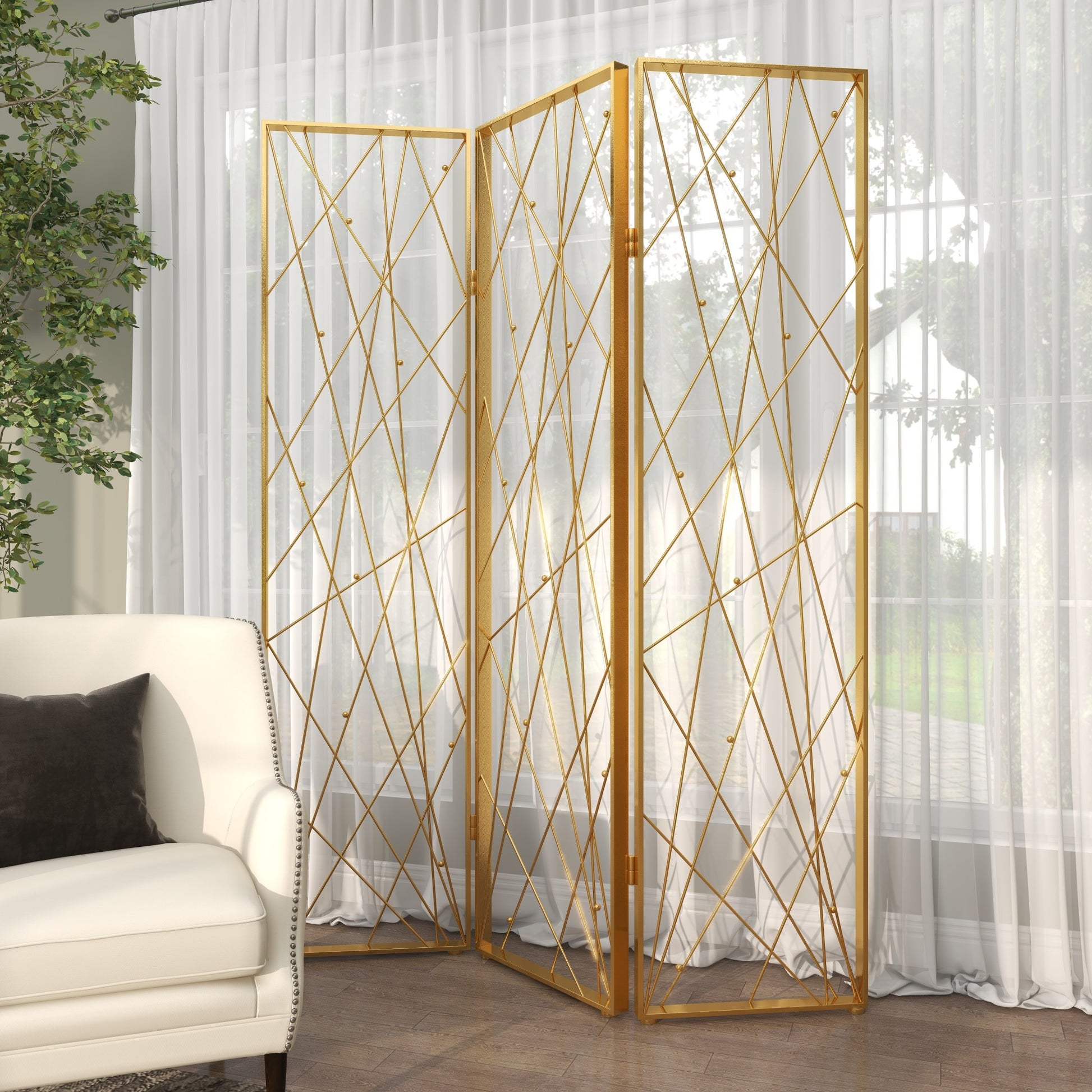 Abstract Gold Metal Foldable Partition 3 Panel Partition Room Divider Screen with Wire Rod Accents