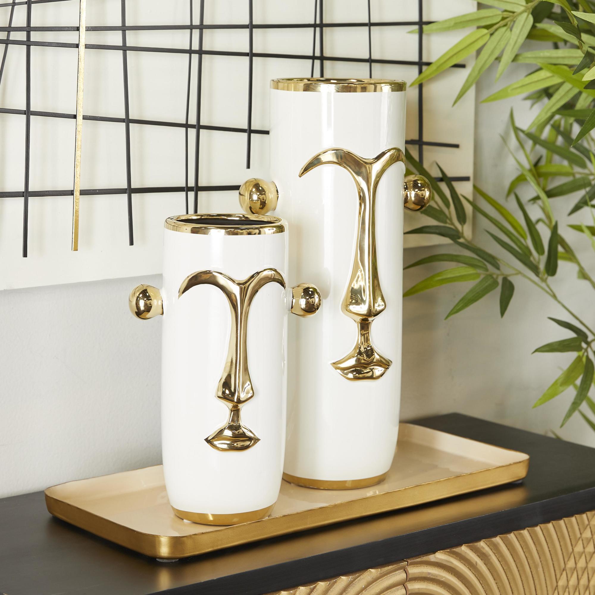 Set of 2 Face Ceramic Abstract Decorative Vase with Gold Details
