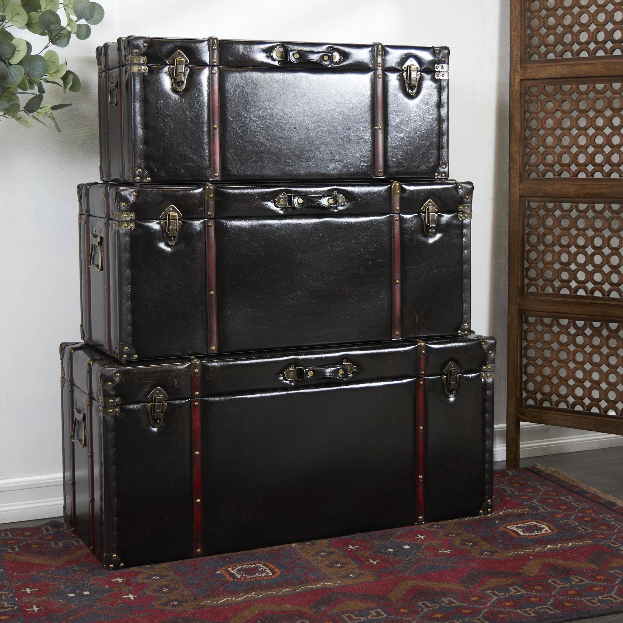 Set of 3 Dark Brown Faux Leather Studded Decorative Trunk with Latches and Handles