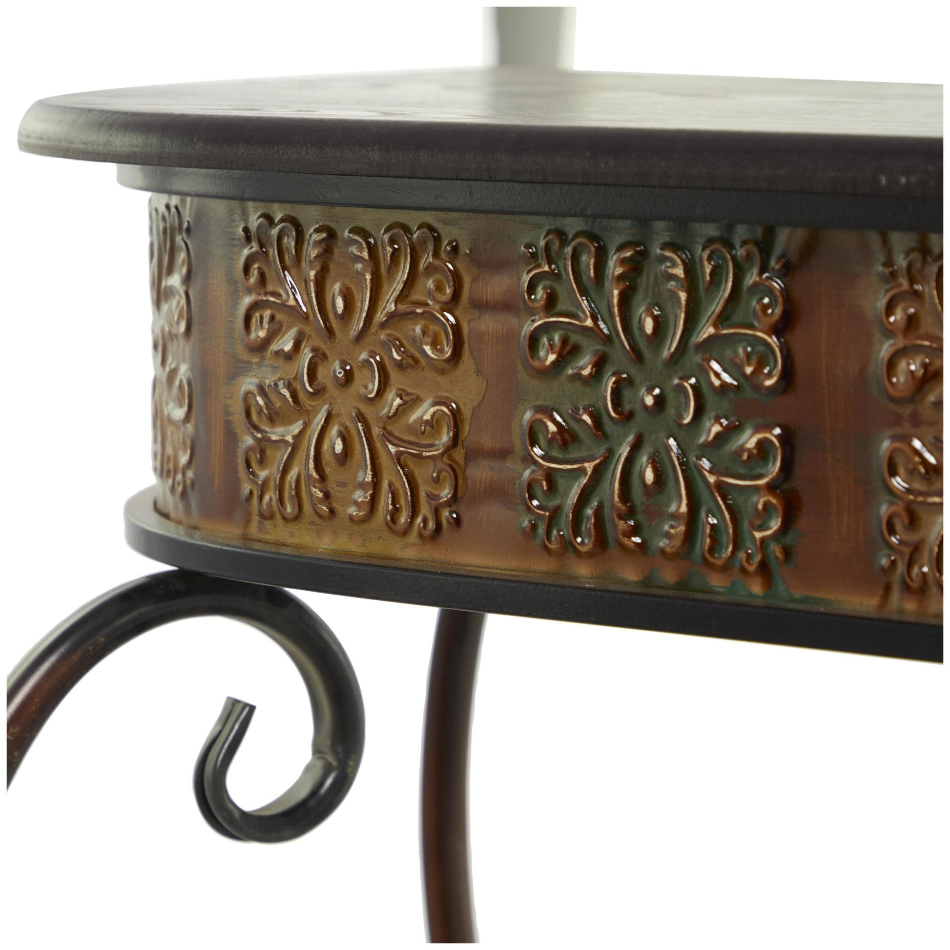 Floral Brown Metal Embossed Living Room Console Table with Ornate Scroll Legs