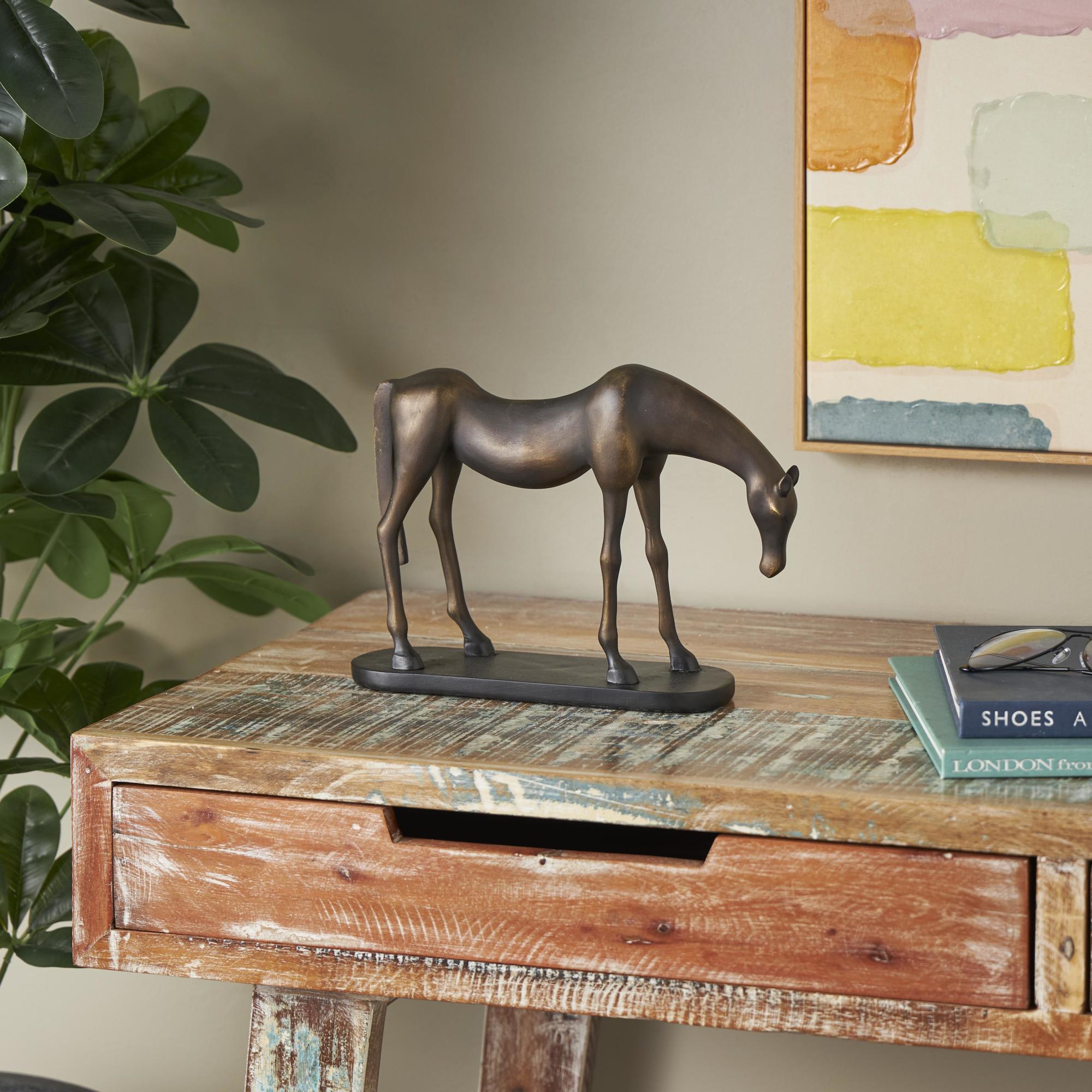 Horse Bronze Polystone Decorative Sculpture with Brushed Gold Accents and Black Oval Base
