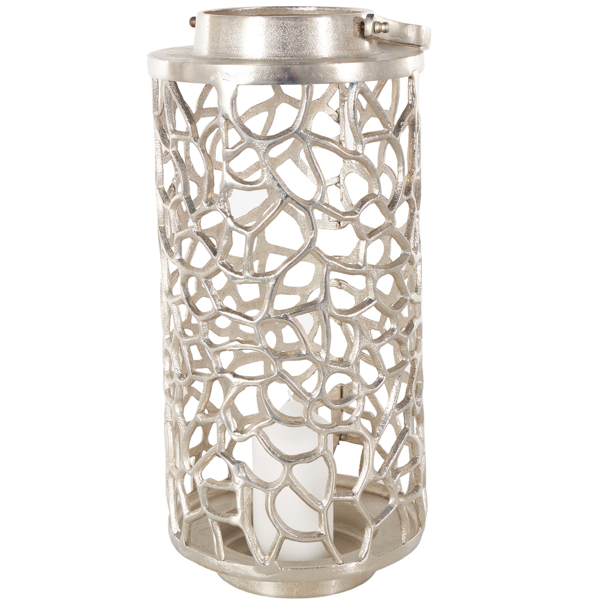 Coral Silver Aluminum Metal Indoor Outdoor Candle Lantern with Arched Handle and Elevated Base