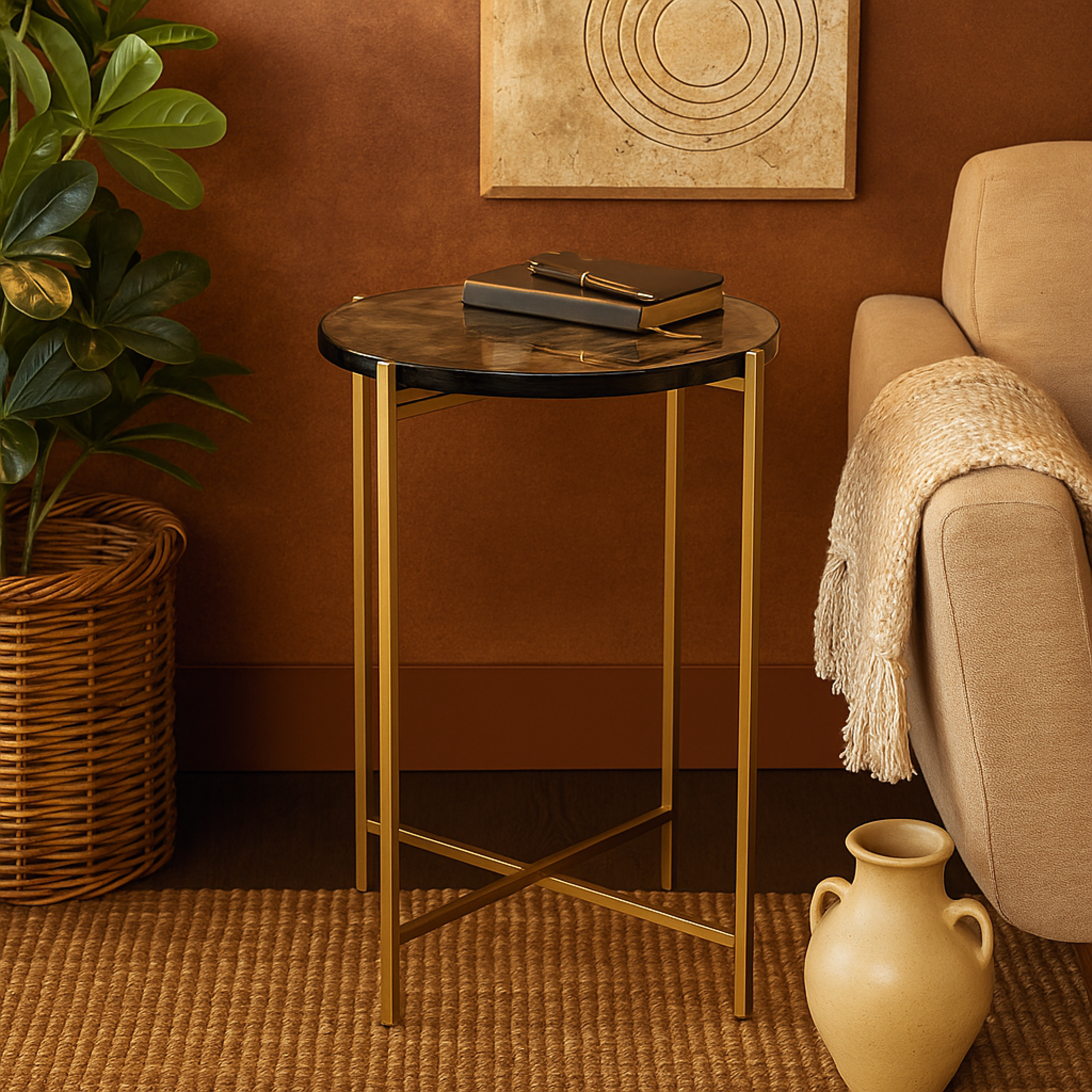 Metal X-Shaped Side End Accent Table with Textured Glass Tabletop