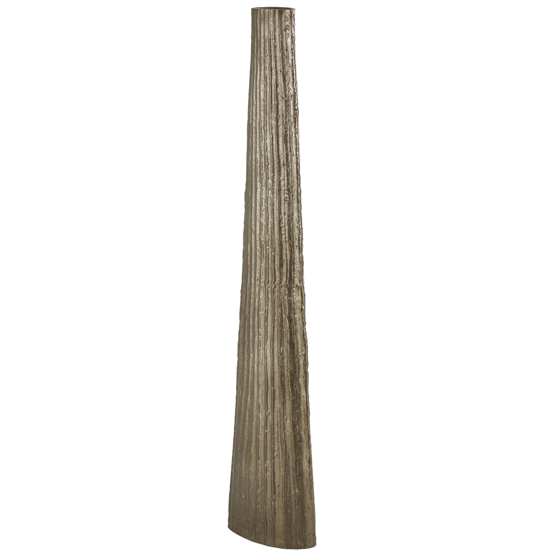 Brass Aluminum Metal Slim Flat Tall Floor Cone Decorative Vase with Textured Ridges