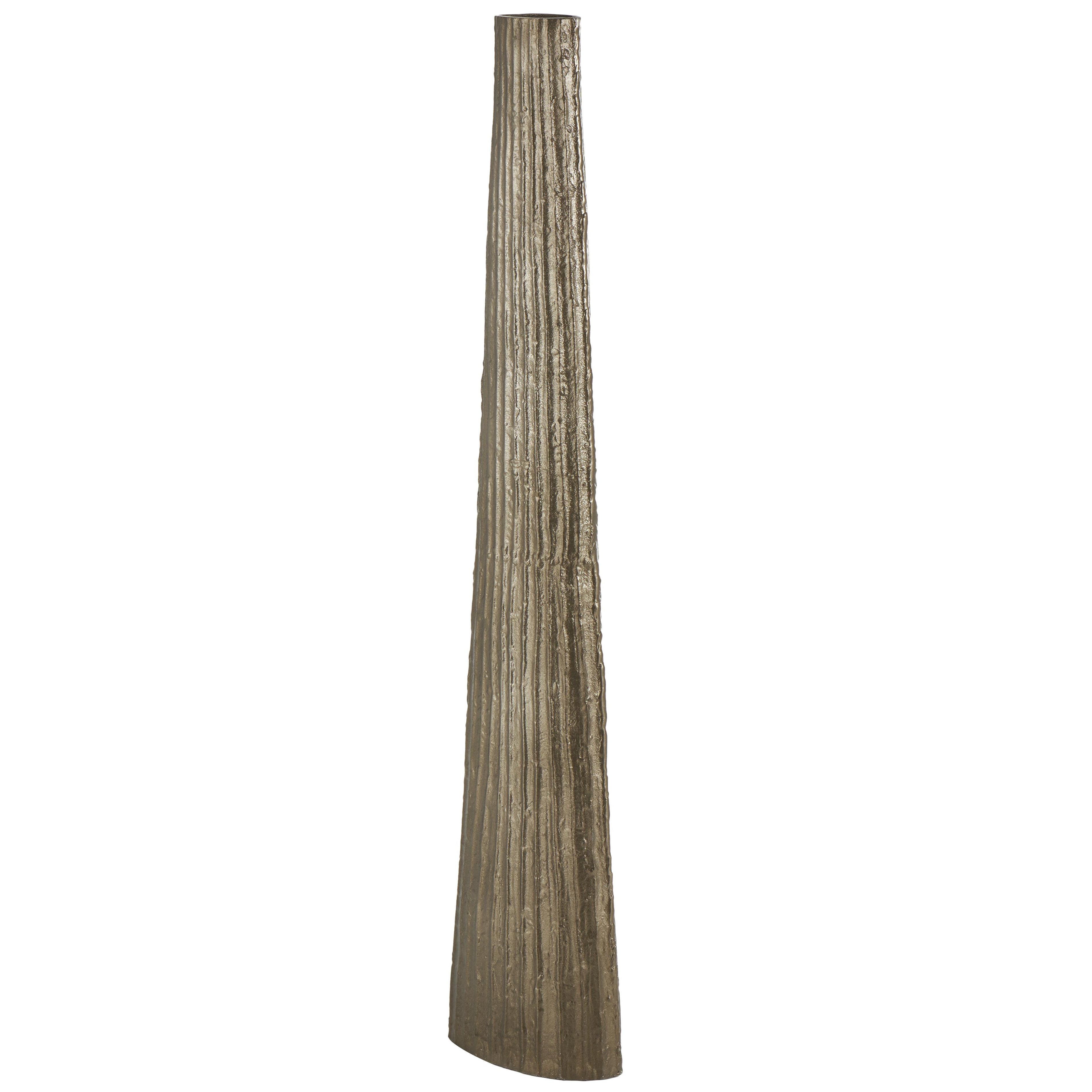Brass Aluminum Metal Slim Flat Tall Floor Cone Decorative Vase with Textured Ridges