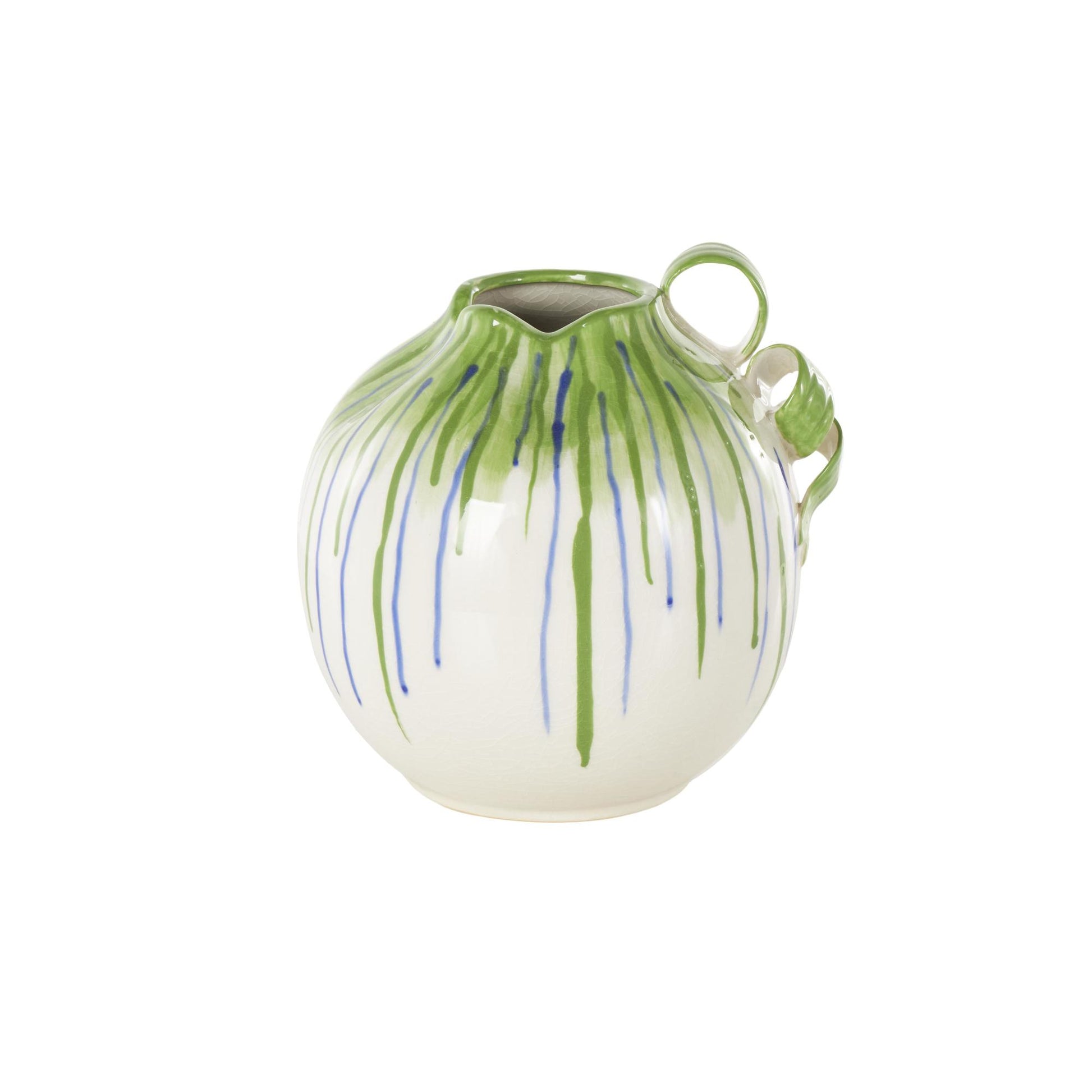Abstract White Ceramic Decorative Vase with Green and Blue Drip Design and Handles