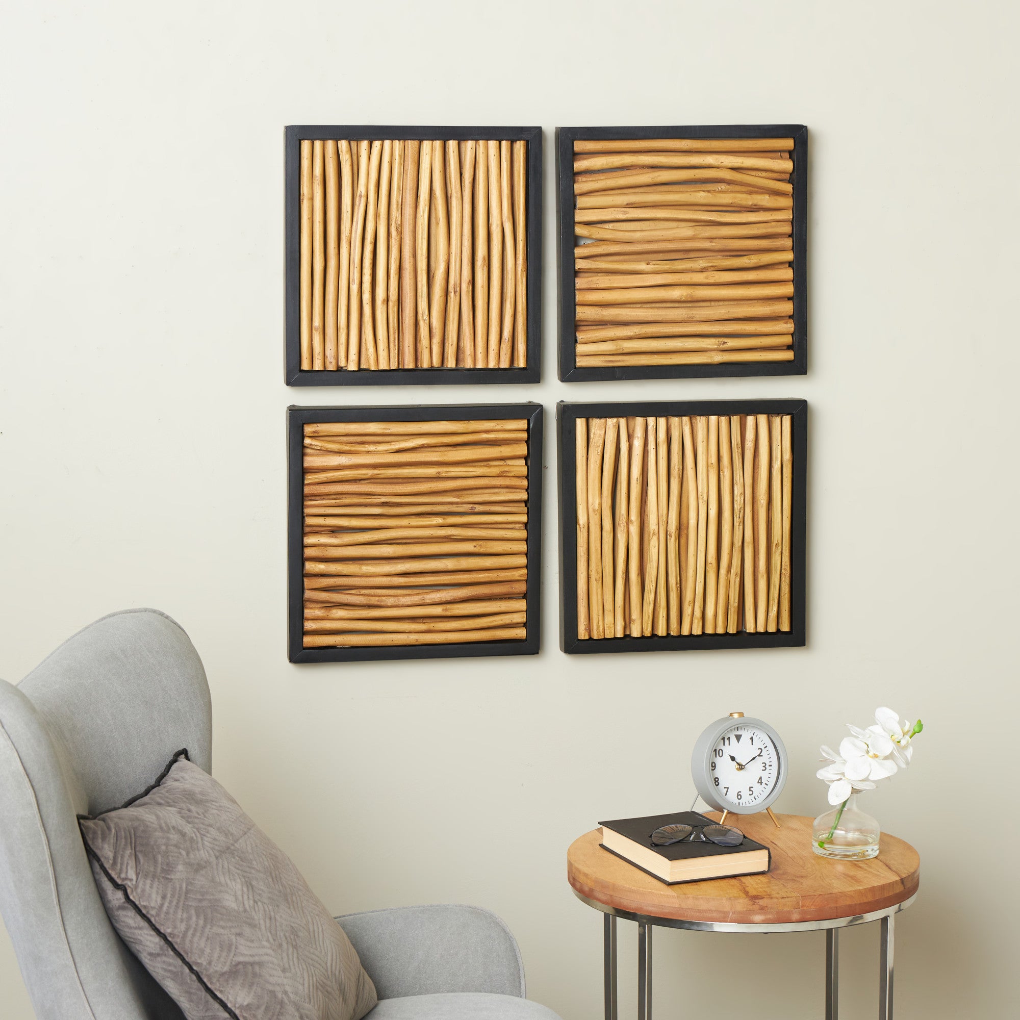 Set of 4 Abstract Brown Teak Wood Handmade Home Wall Decor with Horizontal Sticks and Black Frames