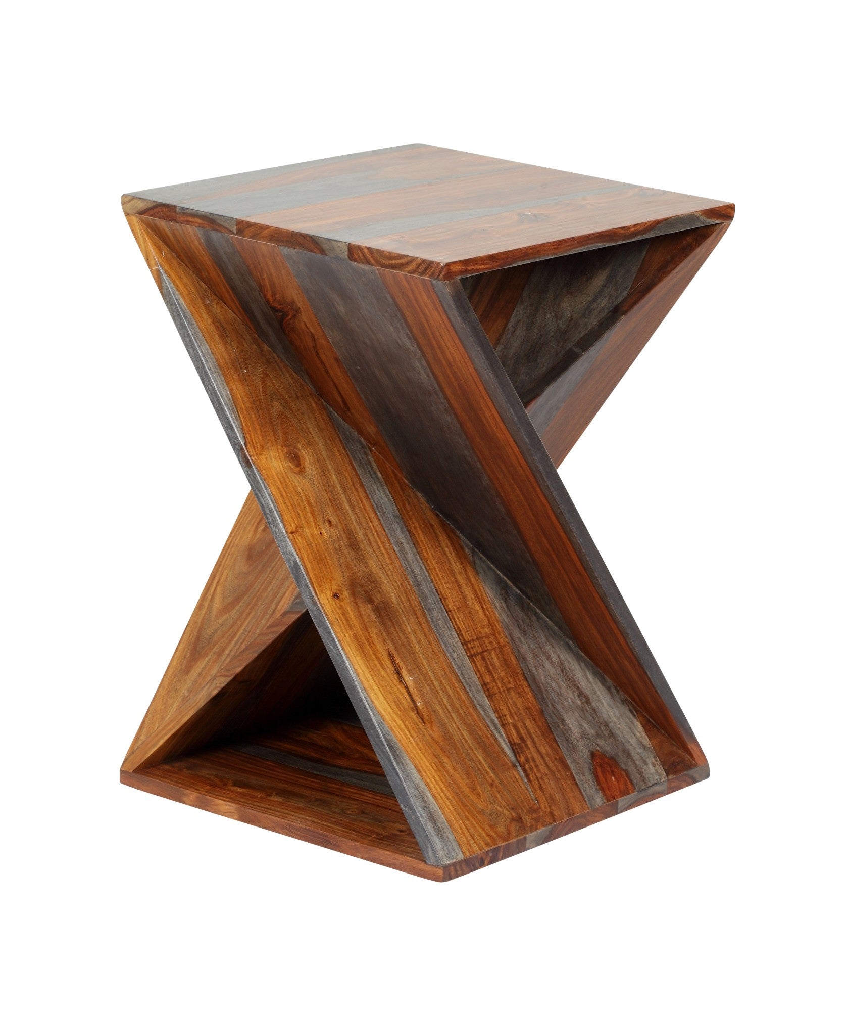 Geometric Brown Sheesham Wood Cutout Angular Twisted Side End Accent Table with Natural Wood Grains