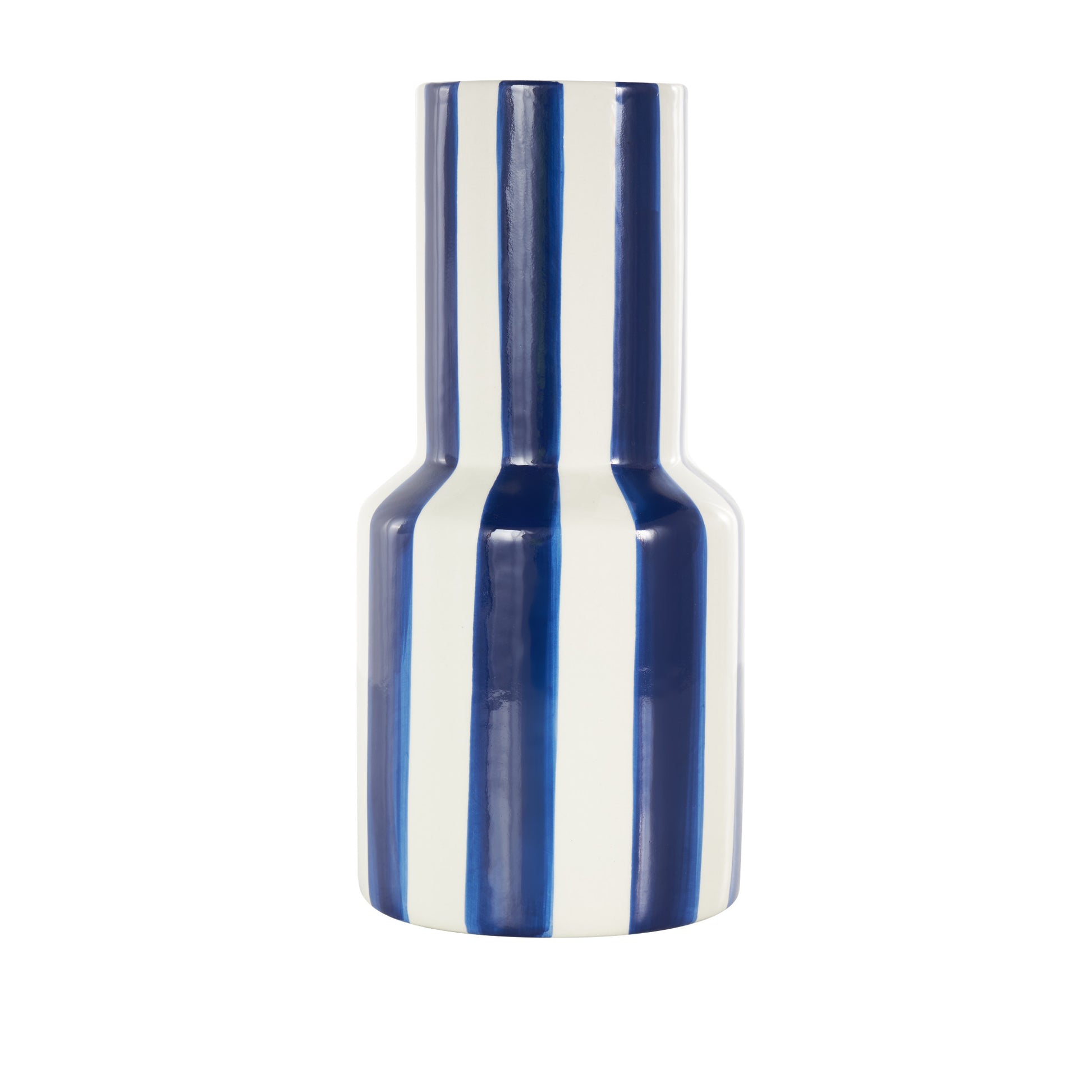 Ceramic Round Decorative Vase with Blue Vertical Stripes 5" x 5" x 11"