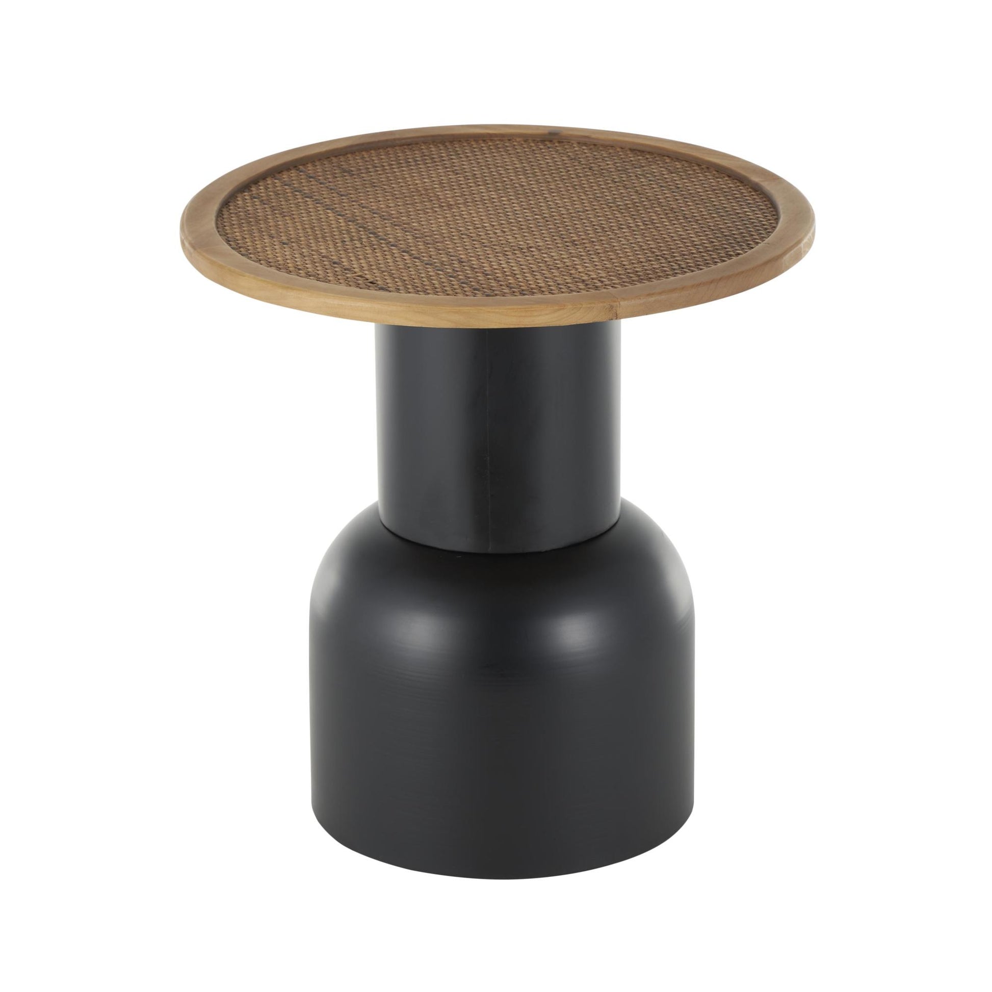Black Metal Handmade Pedestal Side End Accent Table with Brown Rattan Tabletop