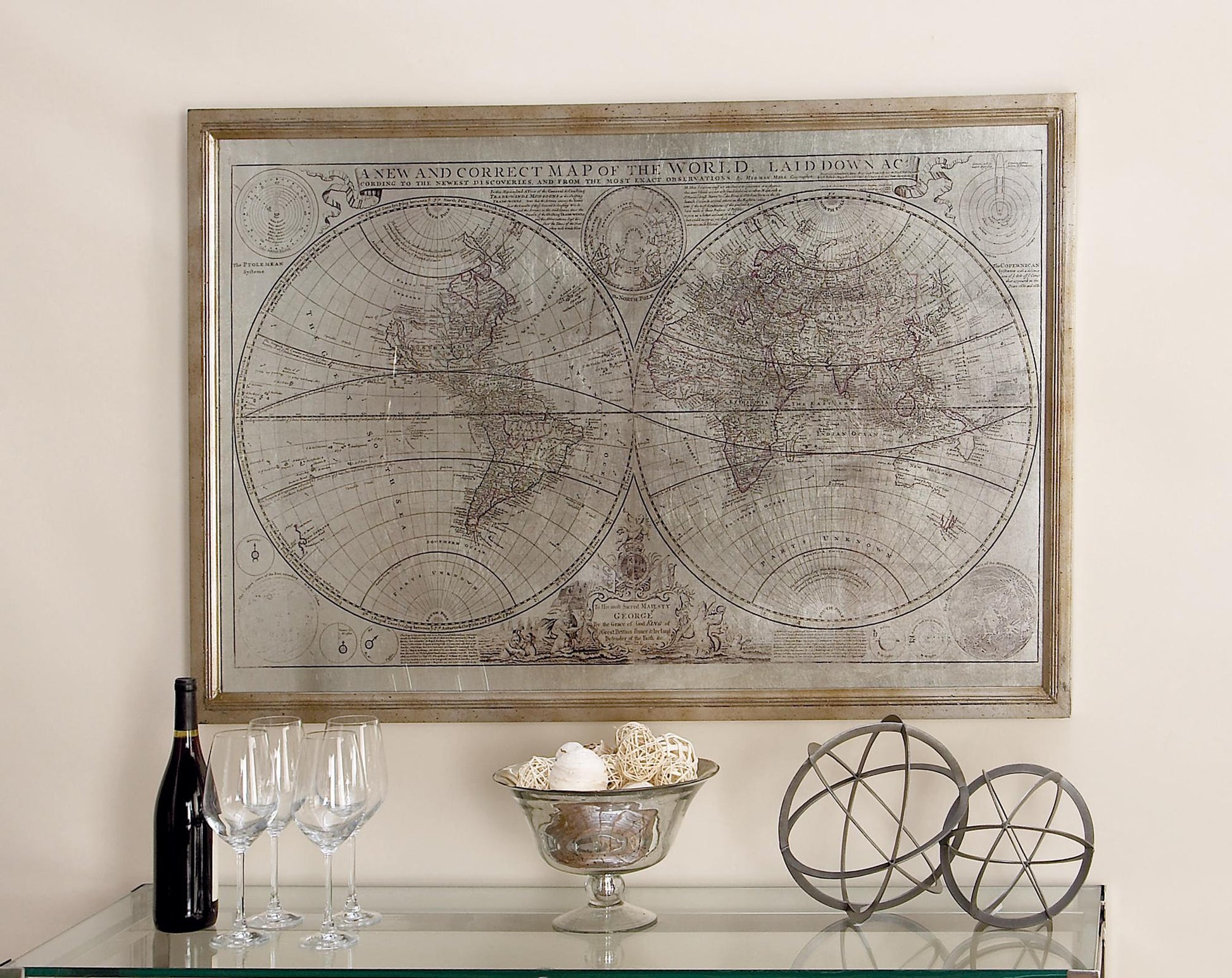 World Map Beige Canvas Living Room Framed Wall Art with Gold Frame
