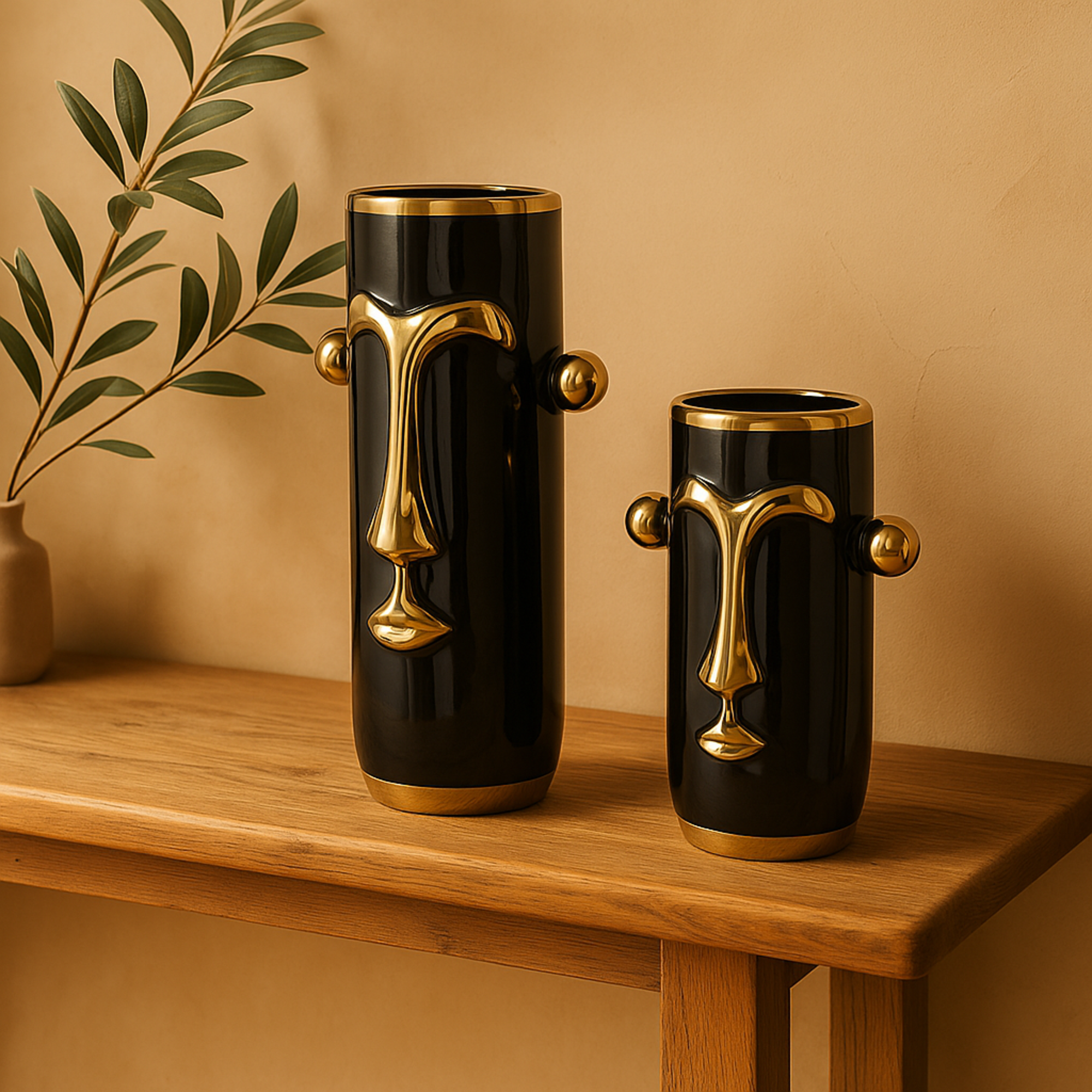 Set of 2 Face Ceramic Abstract Decorative Vase with Gold Details