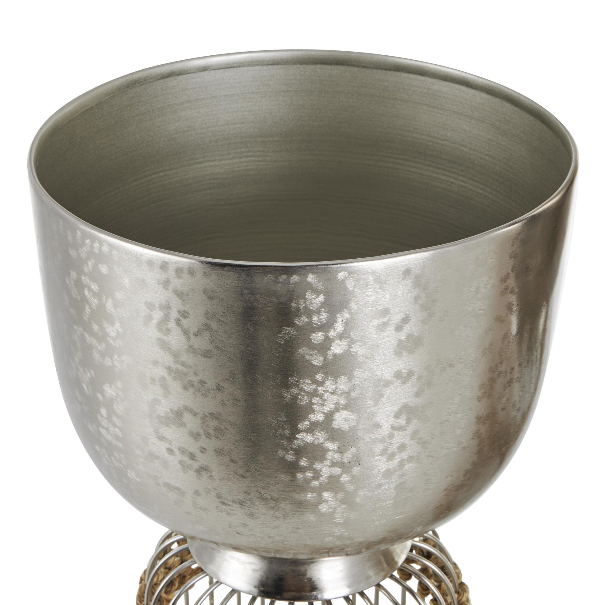 Set of 3 Metal Textured Dome Indoor Planter with Woven Seagrass and Caged Rod Pedestal Base Set of 3 32", 27", 24"H