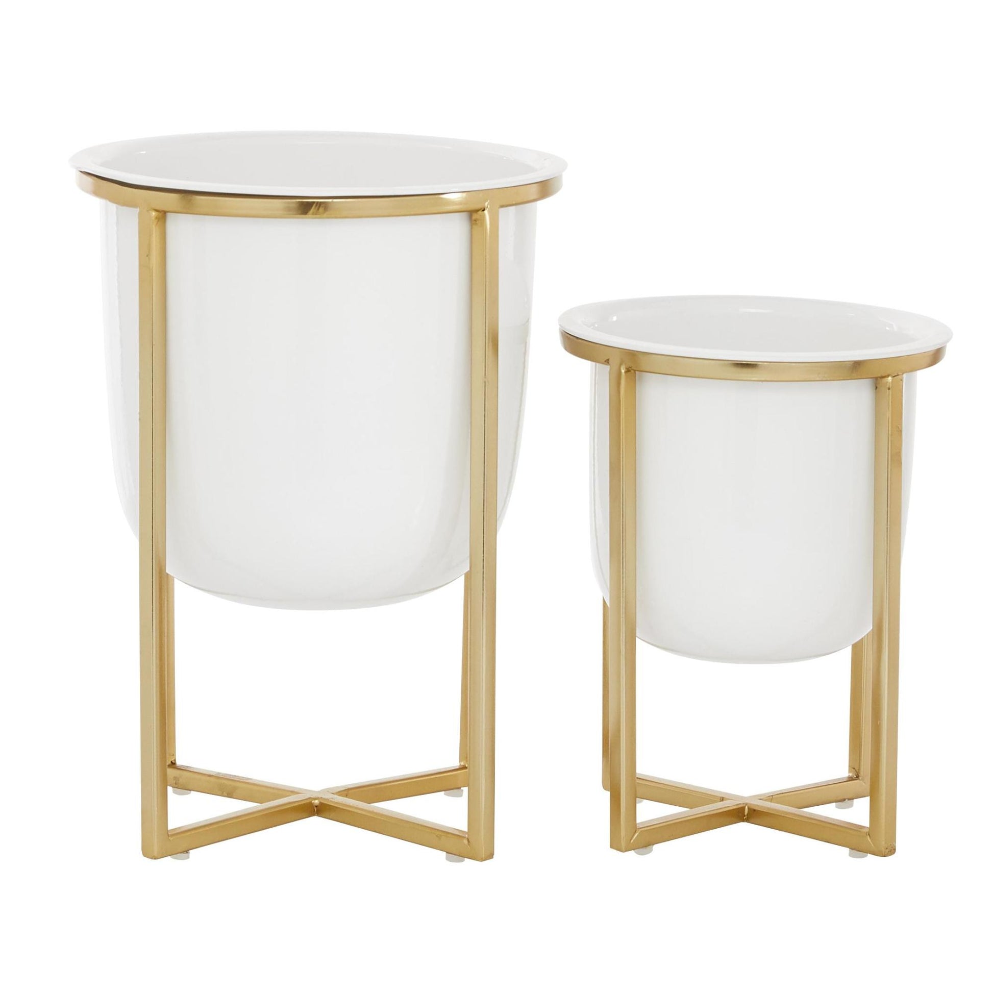 CosmoLiving by Cosmopolitan Set of 2 White Metal Dome Indoor Outdoor Planter with Gold X-Shaped Stands