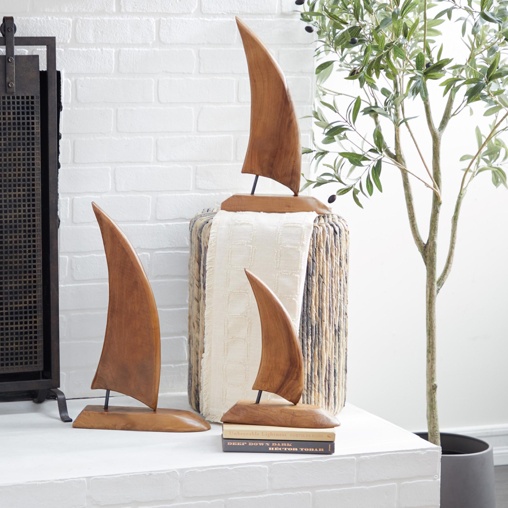 Set of 3 Sail Boat Brown Teak Wood Handmade Decorative Sculpture
