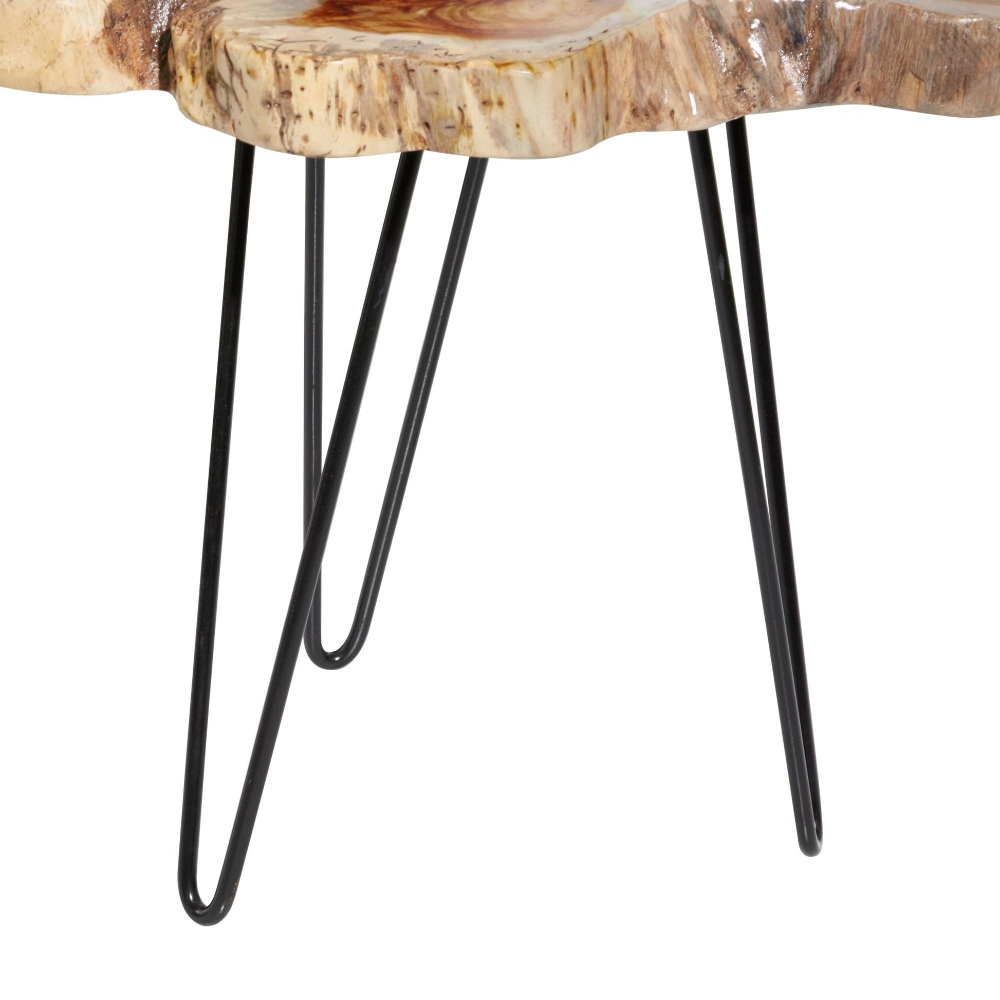 Set of 2 Brown Teak Wood Live Edge Top Side End Accent Table with Black Metal Hairpin Legs