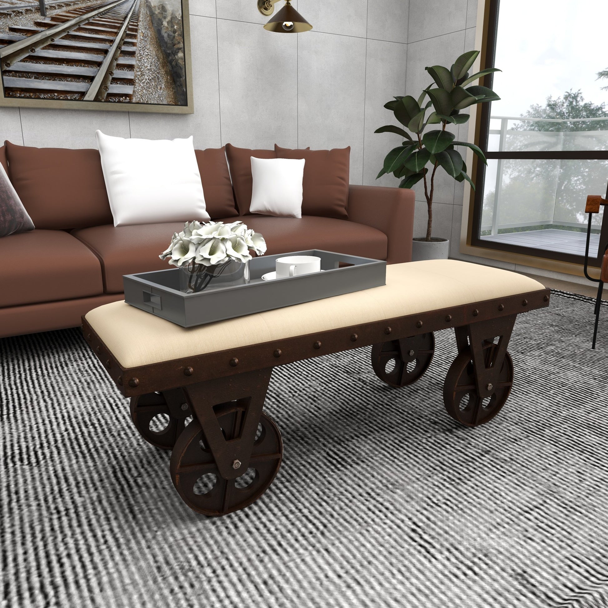 Brown Linen Fabric Vintage Industrial Inspired Home Bench with Wheels and Linen Upholstered Seat