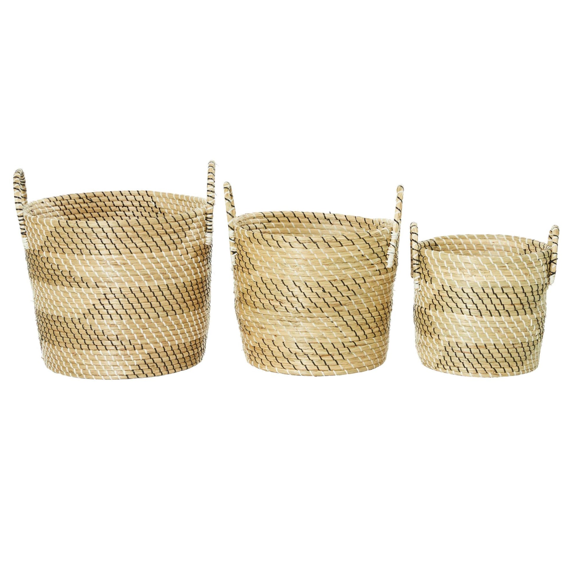 Set of 3 Beige Seagrass Handmade Woven Decorative and Functional Storage Basket with Black and White Zig Zag Pattern