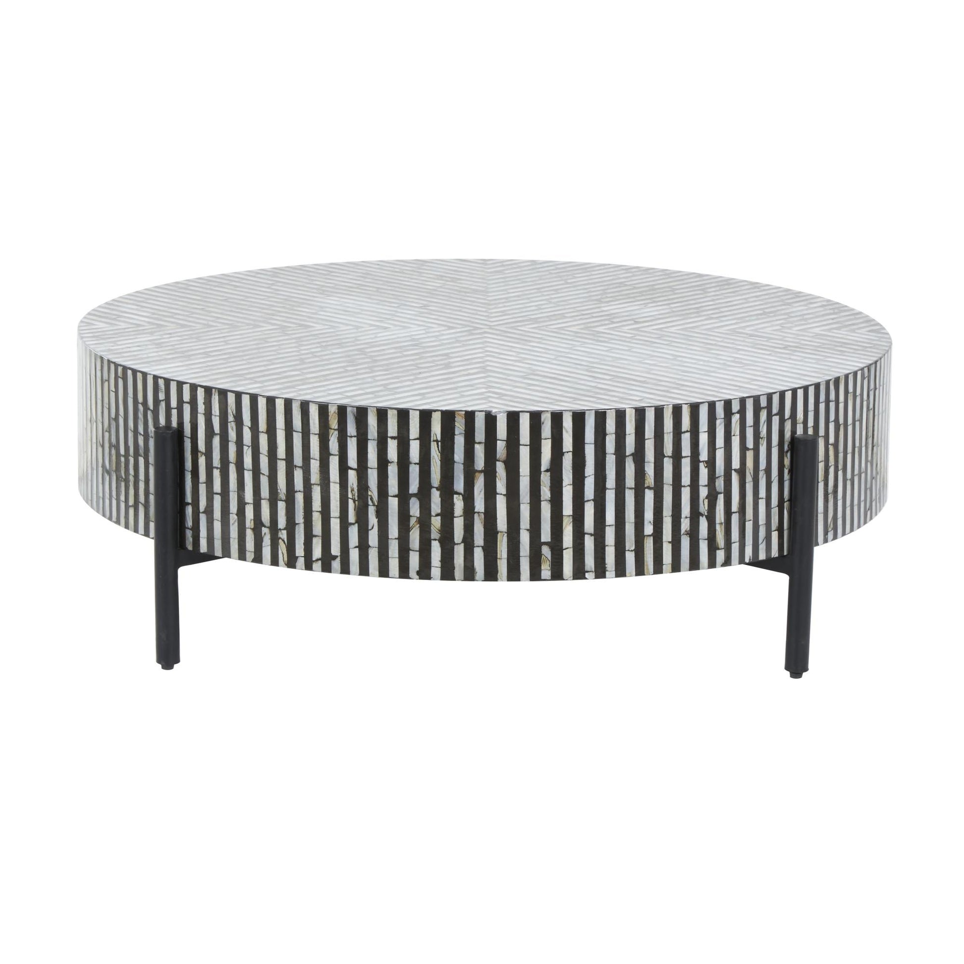 Geometric Mother of Pearl Shell Handmade Mosaic Inlay Living Room Coffee Table with Black Metal Legs 38" x 38" x 12"