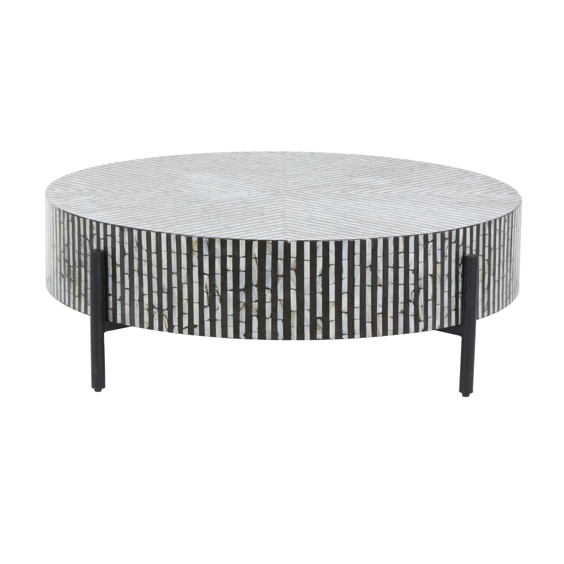 Geometric Mother of Pearl Shell Handmade Mosaic Inlay Living Room Coffee Table with Black Metal Legs 38" x 38" x 12"