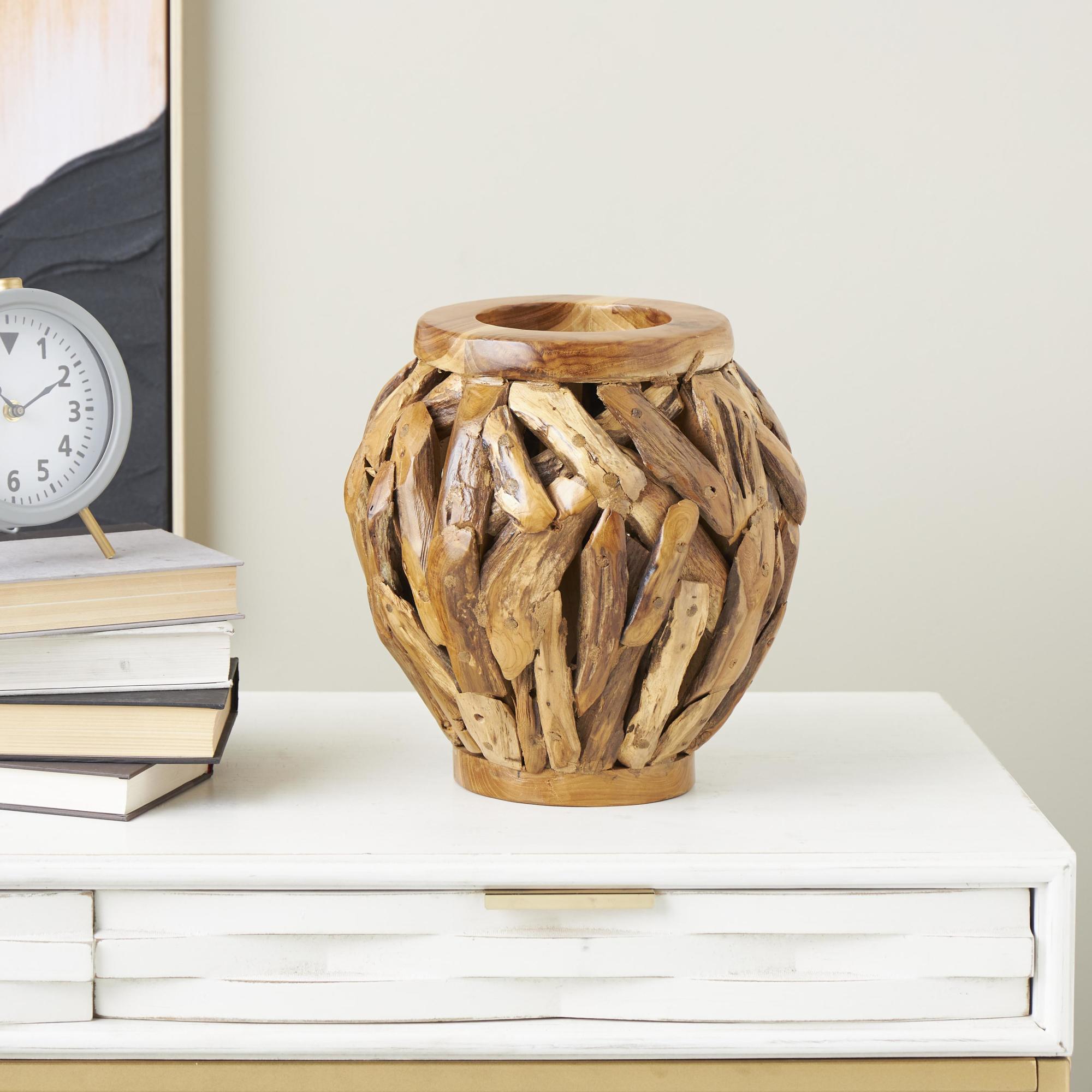 Brown Teak Wood Handmade Live Edge Tree Branch Pot Decorative Vase