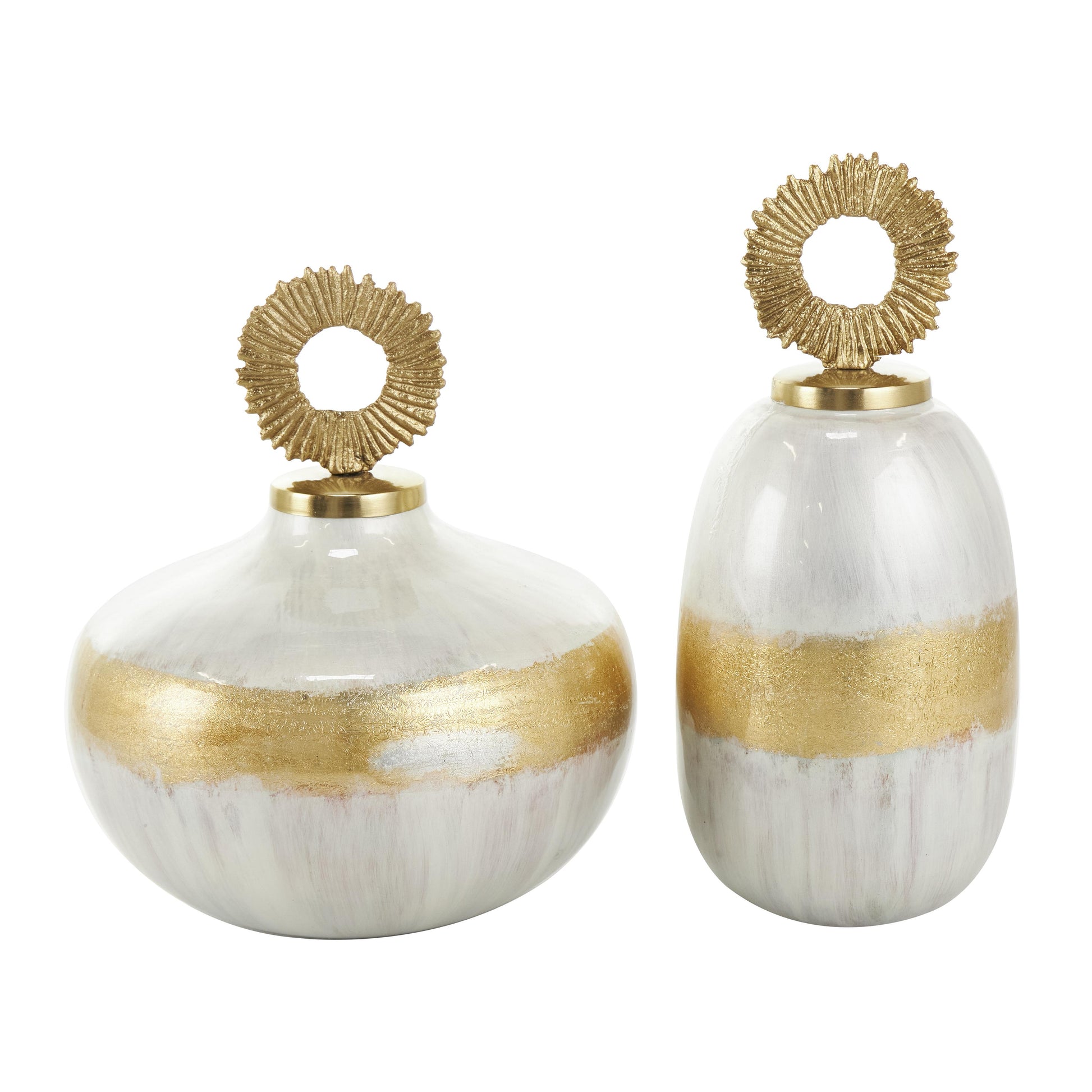 Set of 2 Metal Abstract Brushed Living Room Decorative Jars with Gold Ring Handles Set of 2 11", 13"H
