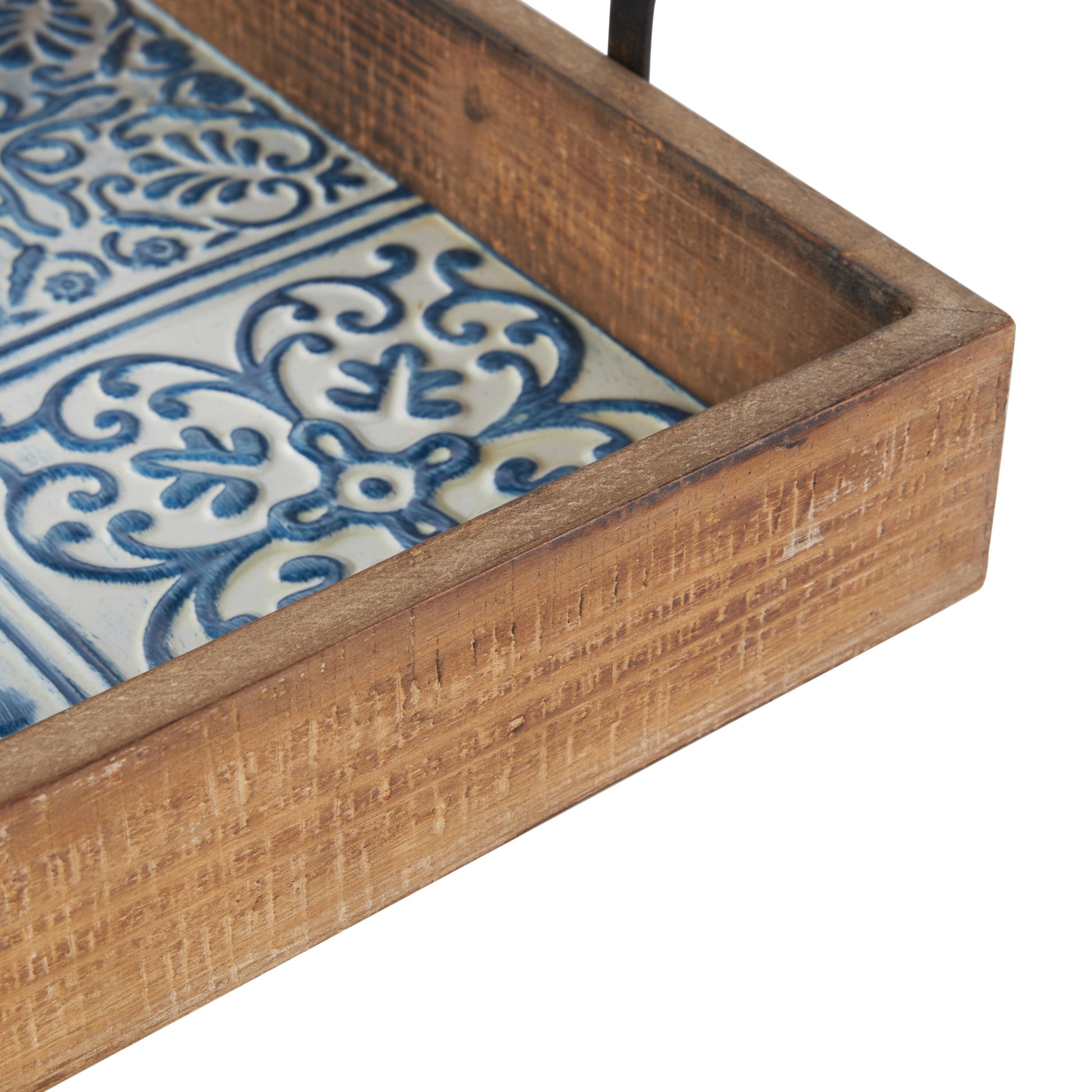 Set of 2 Floral Brown Wood Living Room Decor Tray with Tile Patterns