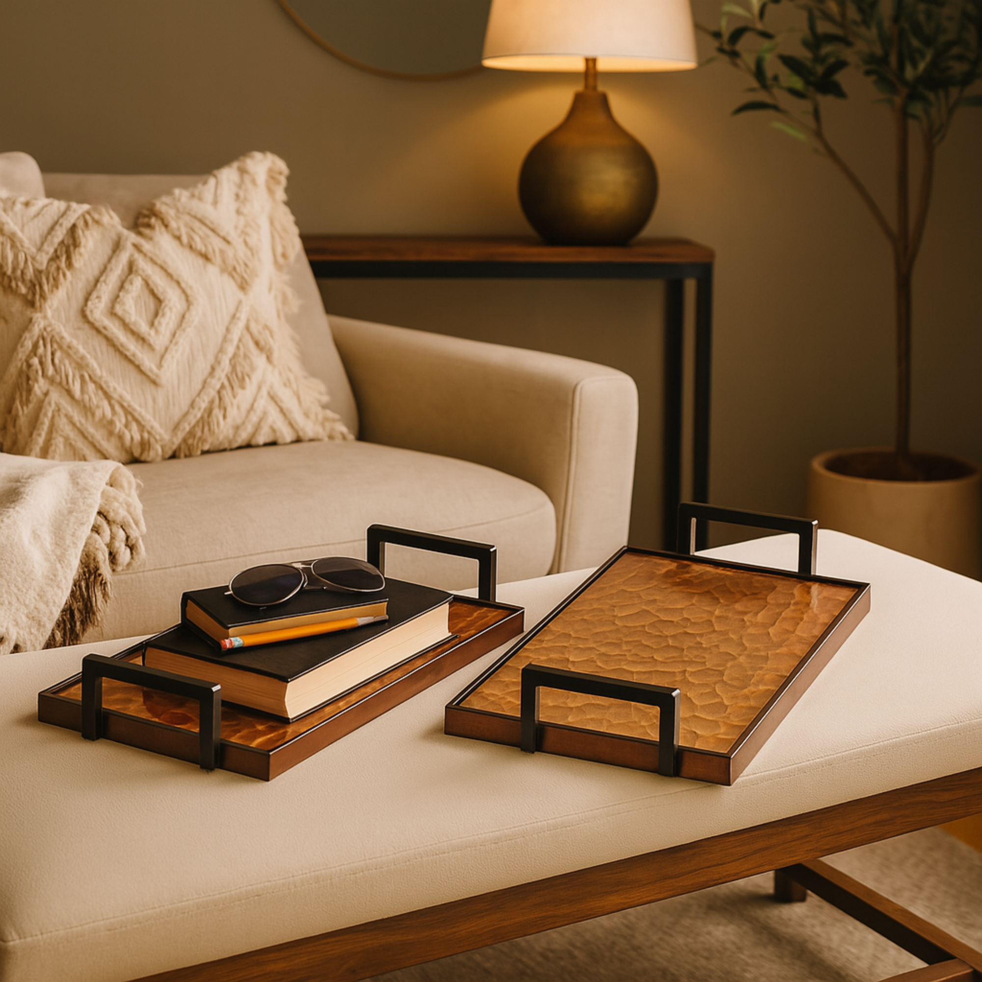 Set of 2 Brown Wood Handmade Carved Pebbled Bottom Living Room Decor Tray with Black handles