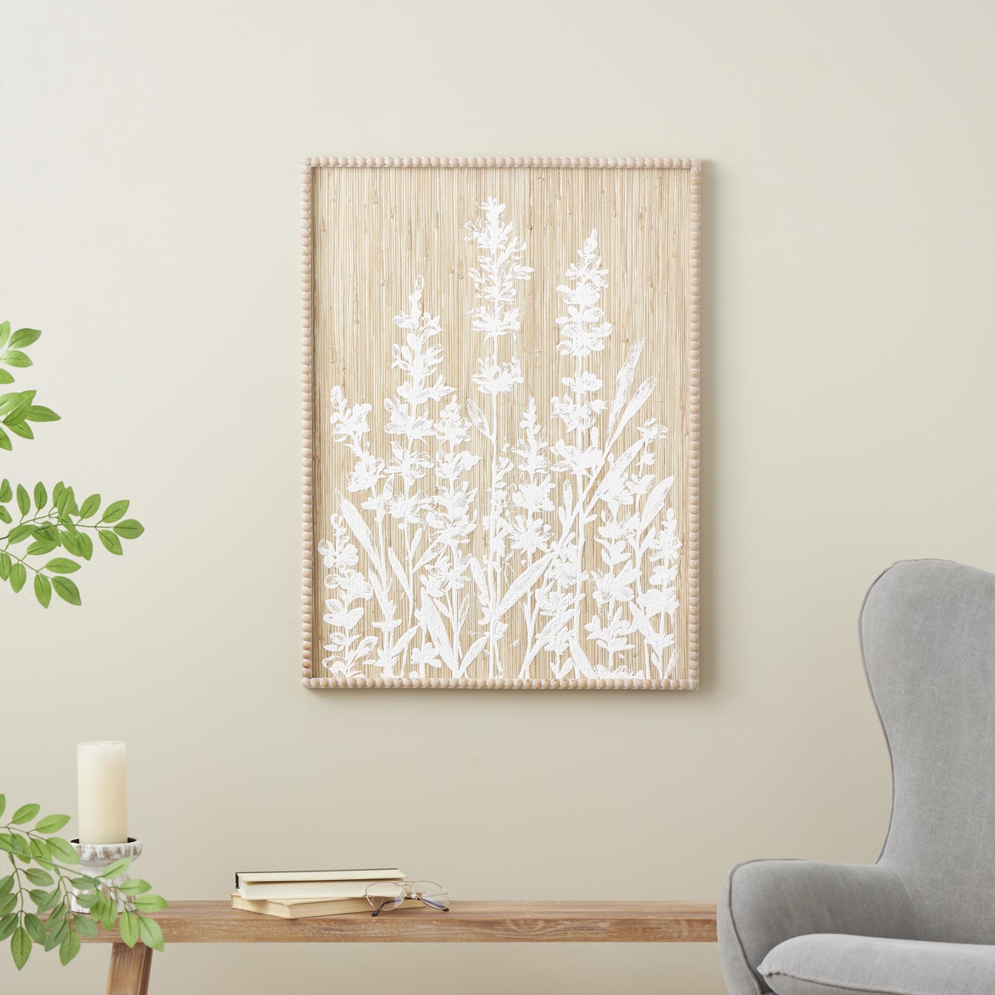 Floral Cream Wood Textured Living Room Framed Wall Art with White Painted Accents and Beaded Frame