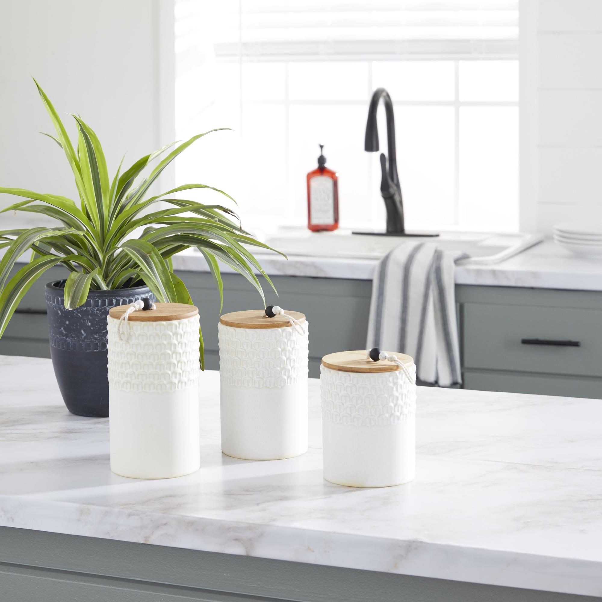 Set of 3 White Ceramic Textured Living Room Decorative Jars with Wood Lids and Black Beaded Accents