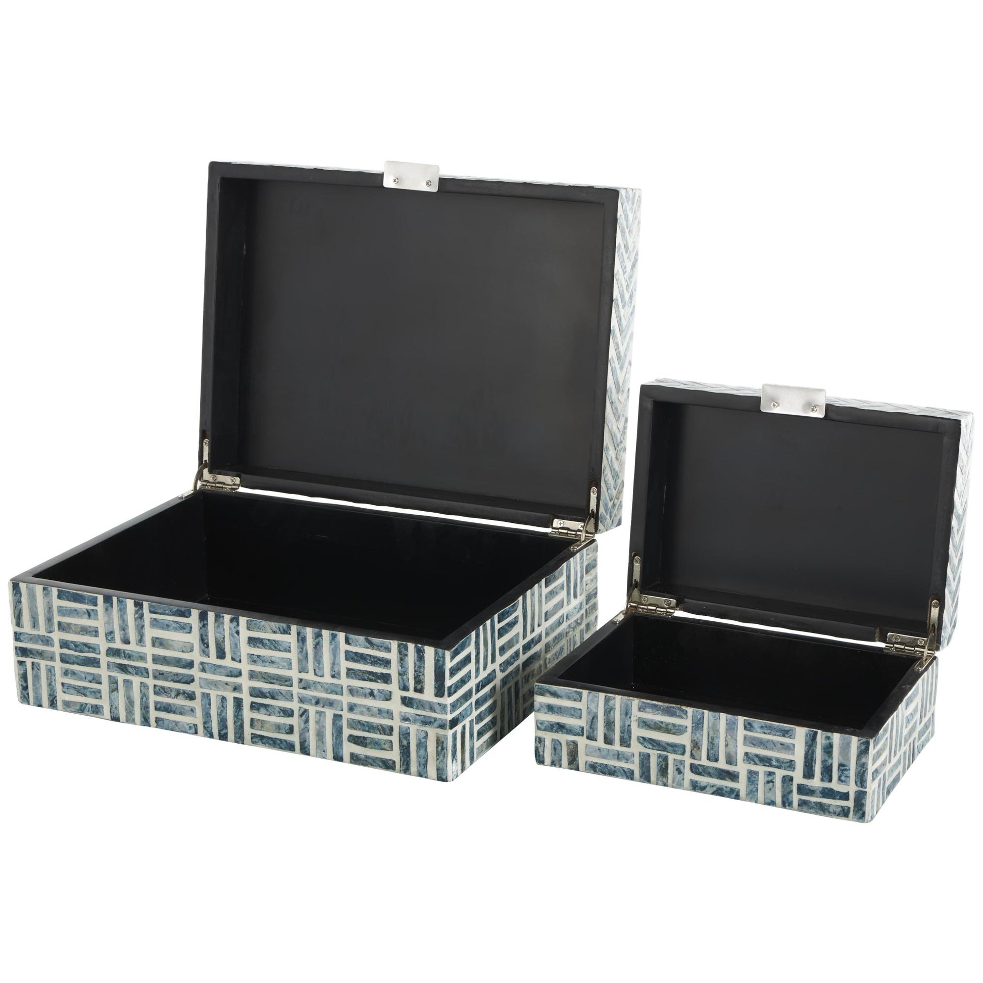 Set of 2 Geometric Blue Mother of Pearl Shell Handmade Mosaic Storage Decorative Box with Cream Underlay