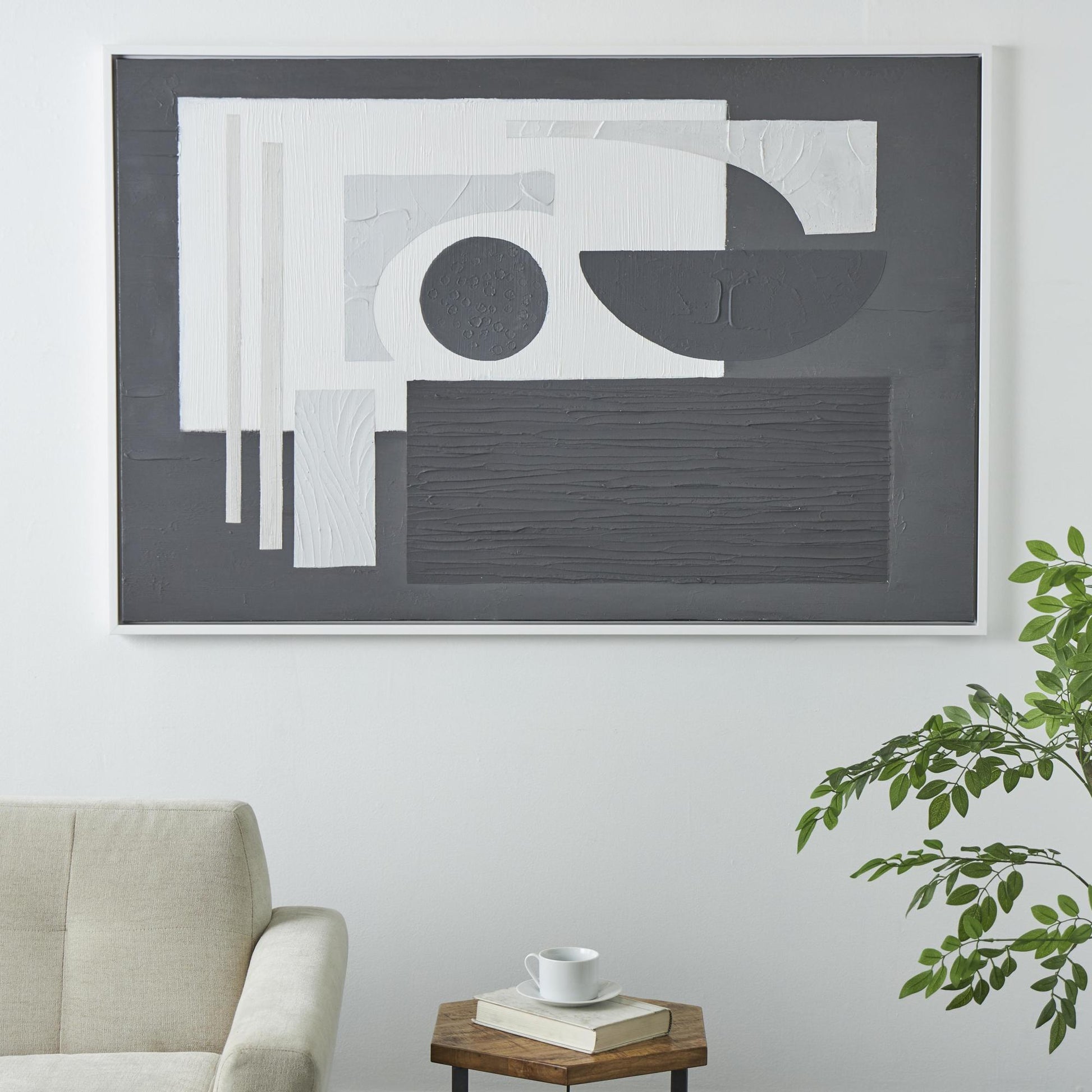 Geometric Canvas Textured Living Room Framed Wall Art with Various Shapes and White Accents