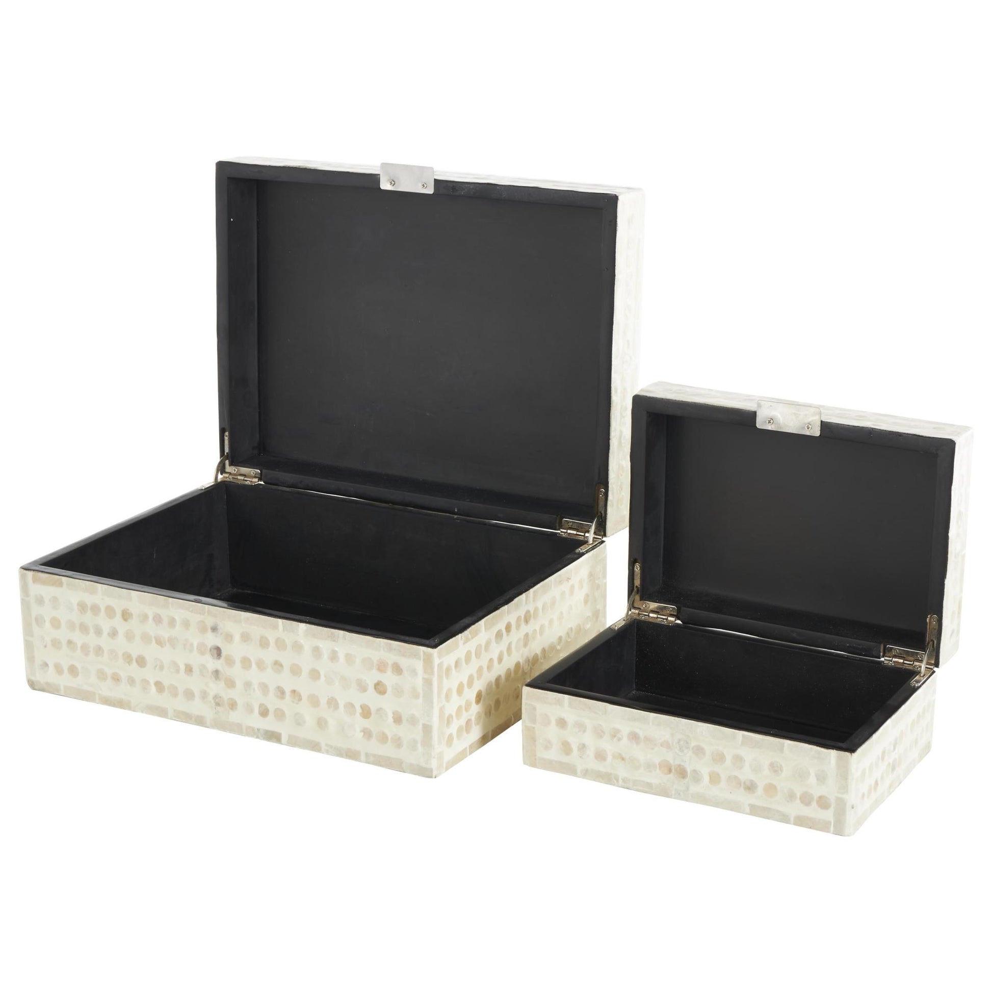 Set of 2 Geometric Cream Mother of Pearl Shell Handmade Mosaic Dot Storage Decorative Box with Brown Accents