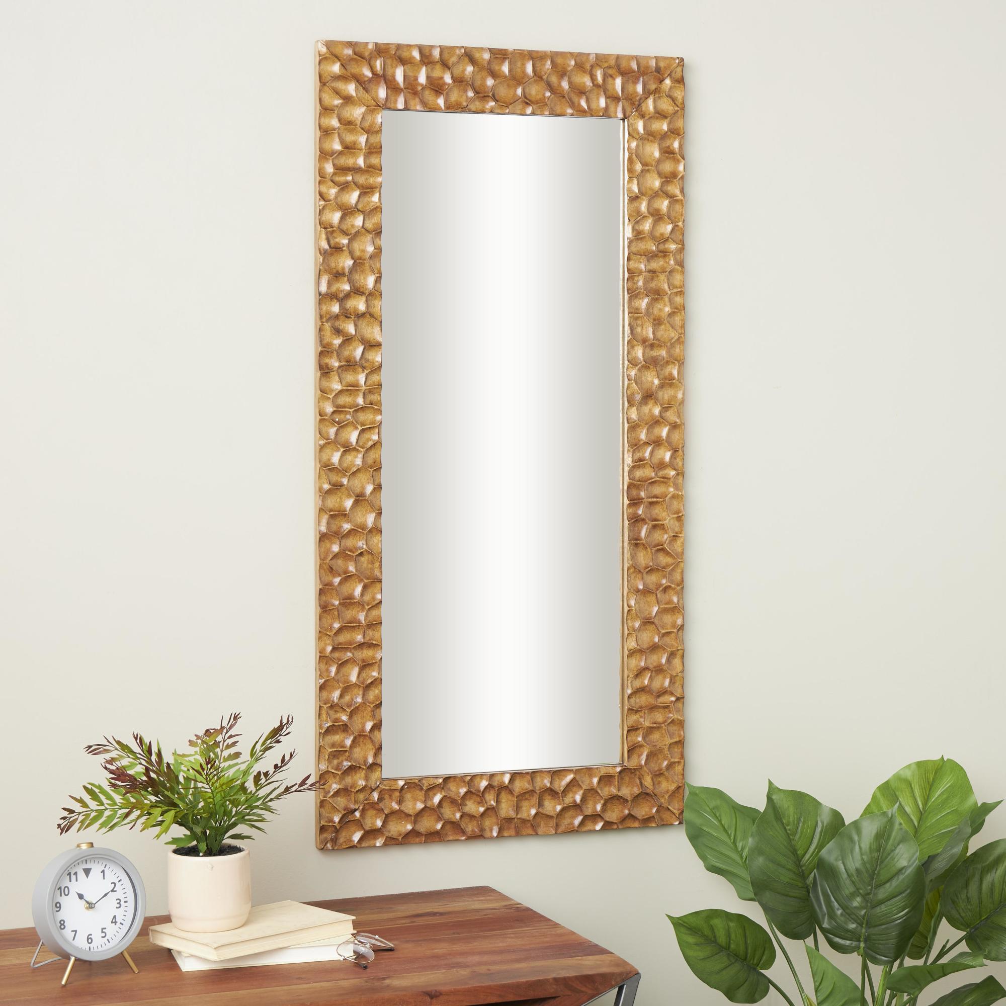 Geometric Brown Wood Textured Concave Honeycomb Room Floor Mirror